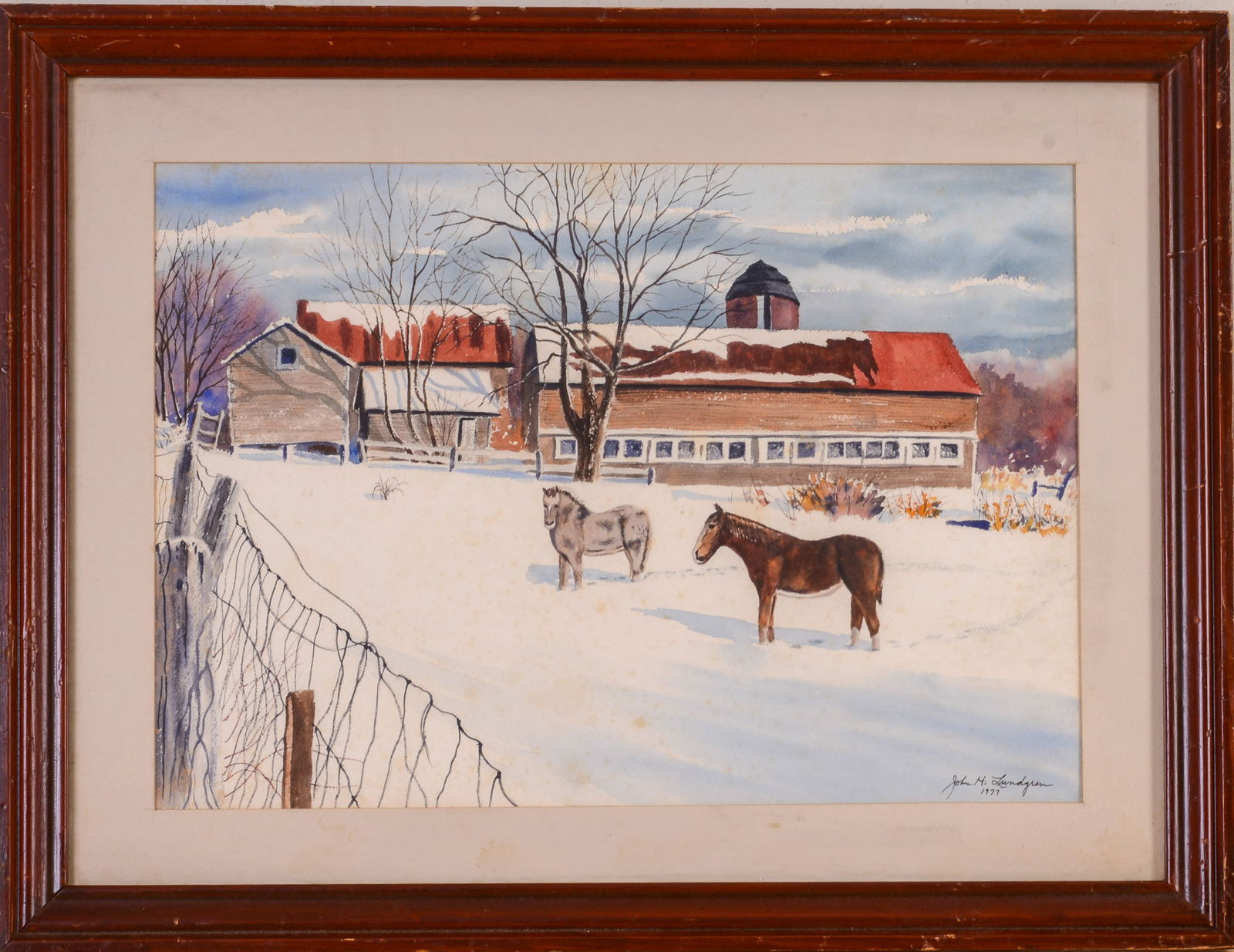John H. Lundgren (20th C Maine). Winter Farmyard With Horses.: Watercolor on paper, signed & dated LR. 14 x 20 inches sight. Frame 20 1/2 x 26 1/2 inches.