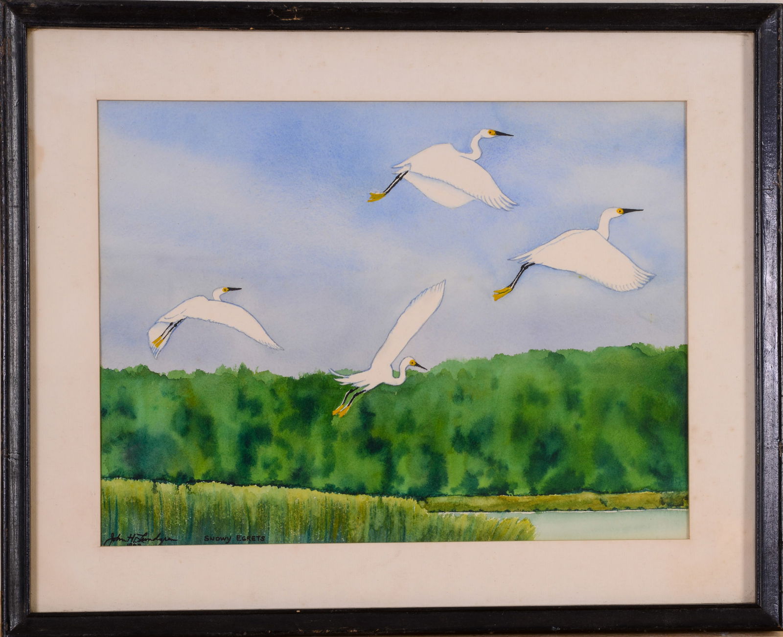 John H. Lundgren (20th C Maine) Snowy Egrets in Flight.: Signed LL. 12 x 16 inches sight, frame 17 x 21 inches.