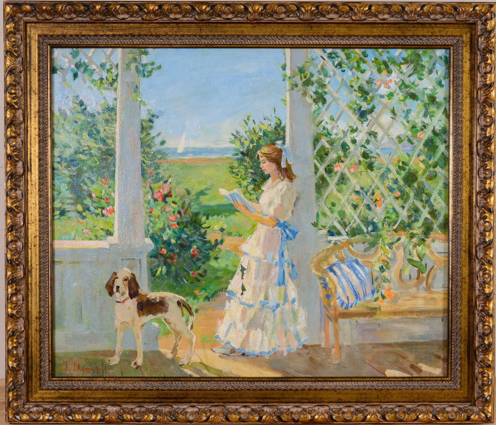 Portrait of a Girl With a Dog.: Signed LL. Oil on canvas 20 x 23 1/2 inches. In a gilt frame, 24 1/2 x 28 1/2 inches.
