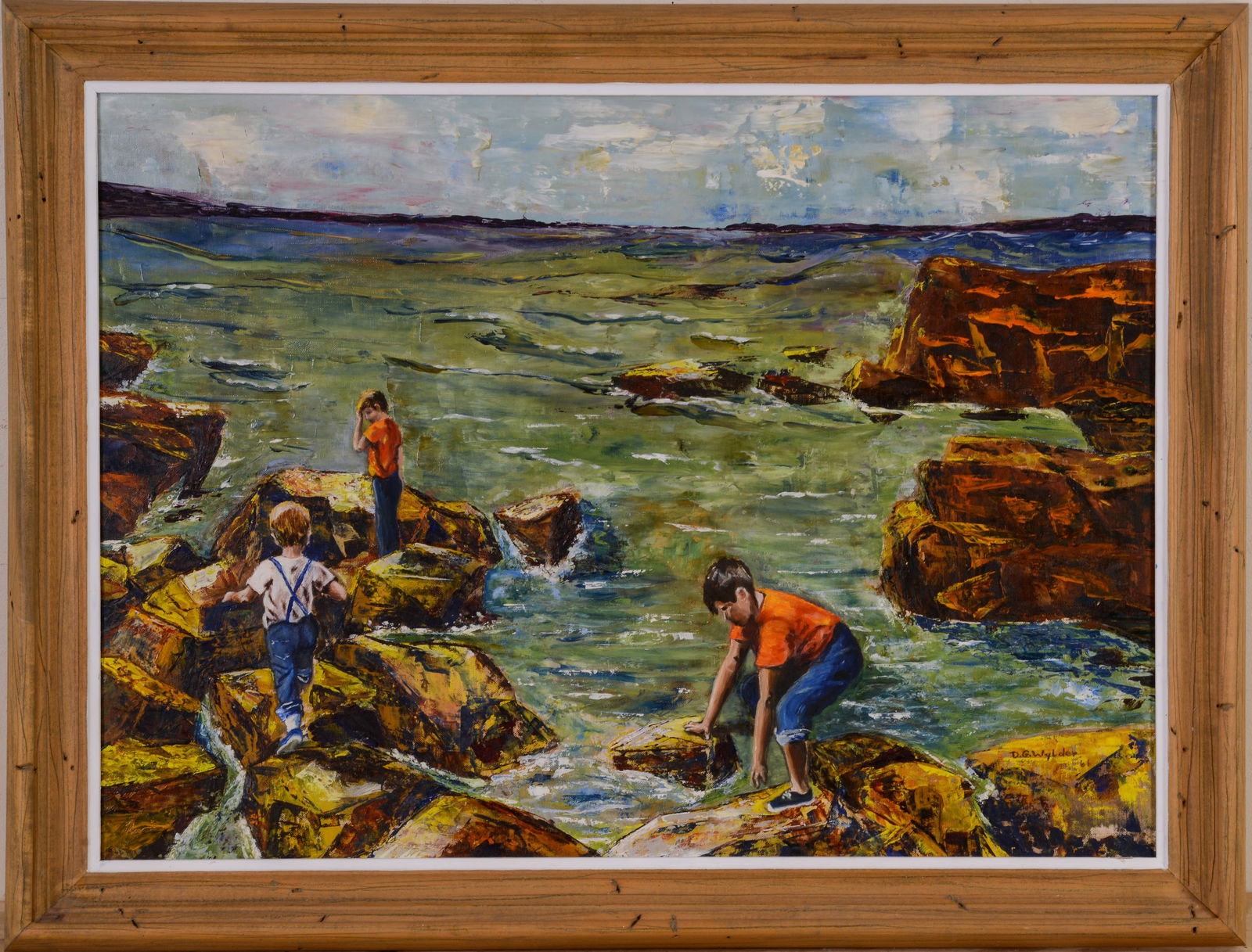 Three Children Searching Between the Rocks at Low Tide.: Signed L G Wyder 1961. Oil on board, 22 x 30 inches, frame 26 1/2 x 34 1/2 inches.