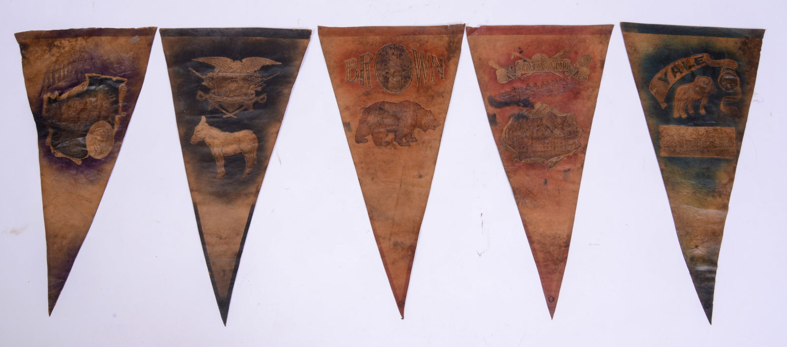 Five 19th C Leather College Penants .: Harvard, Yale, Brown, Army, Amherst. 19 x 9.75 inches.
