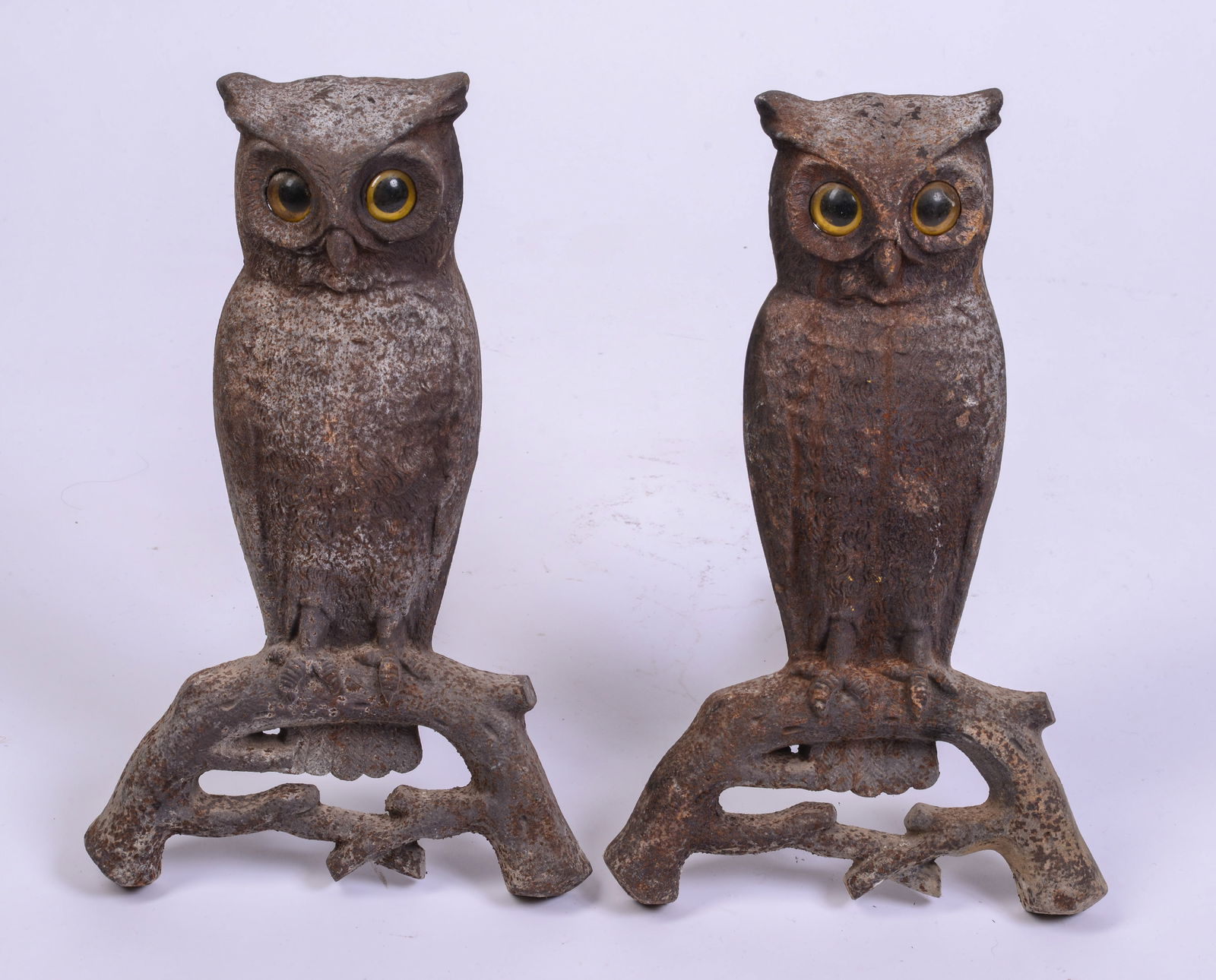 Pair of Cast Iron Owl Andirons With Glass Eyes. (1 of 2)