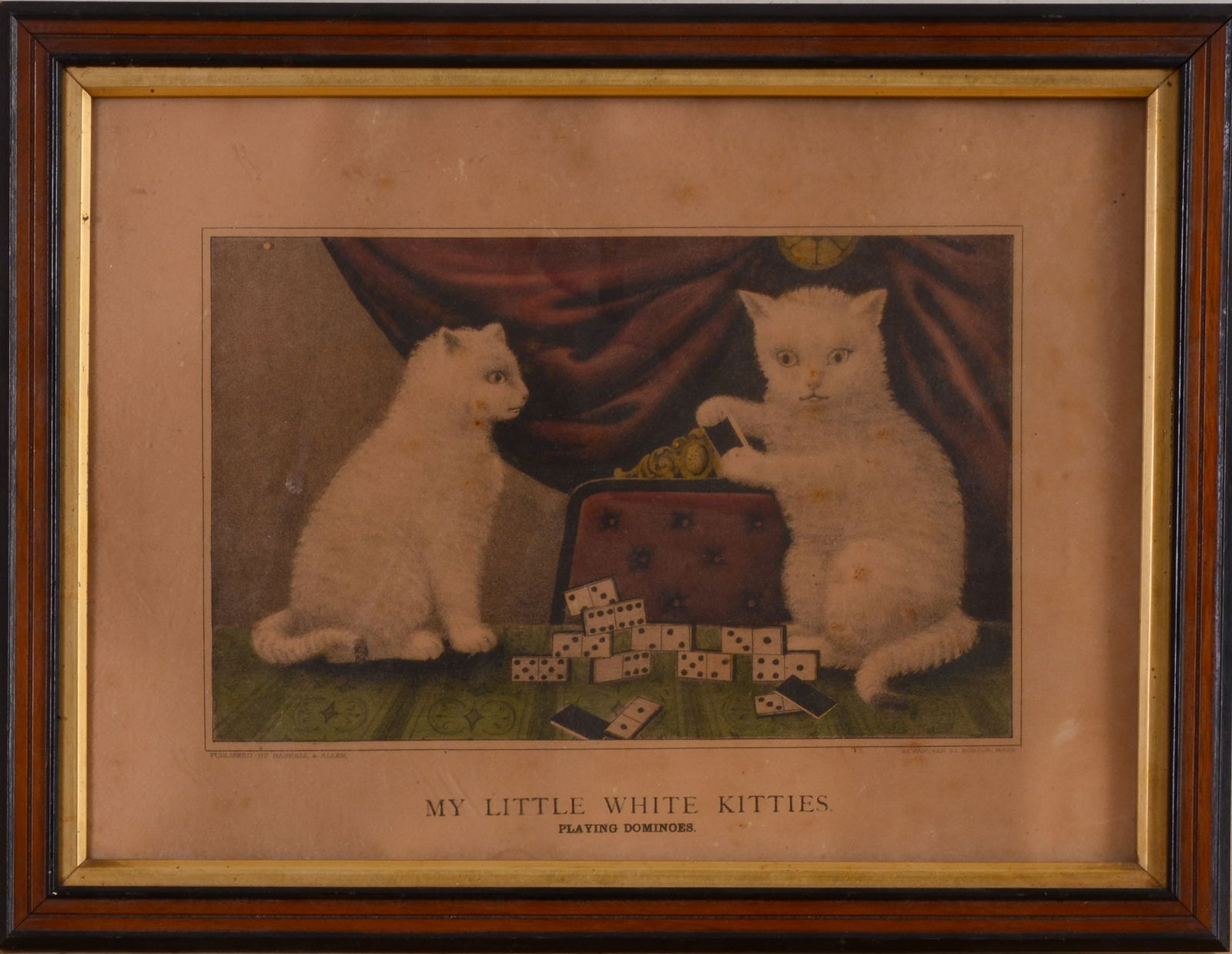 Haskell & Allen Print: My Little White Kitties Playing Dominoes.: Framed, 15 x 19.5 inches.