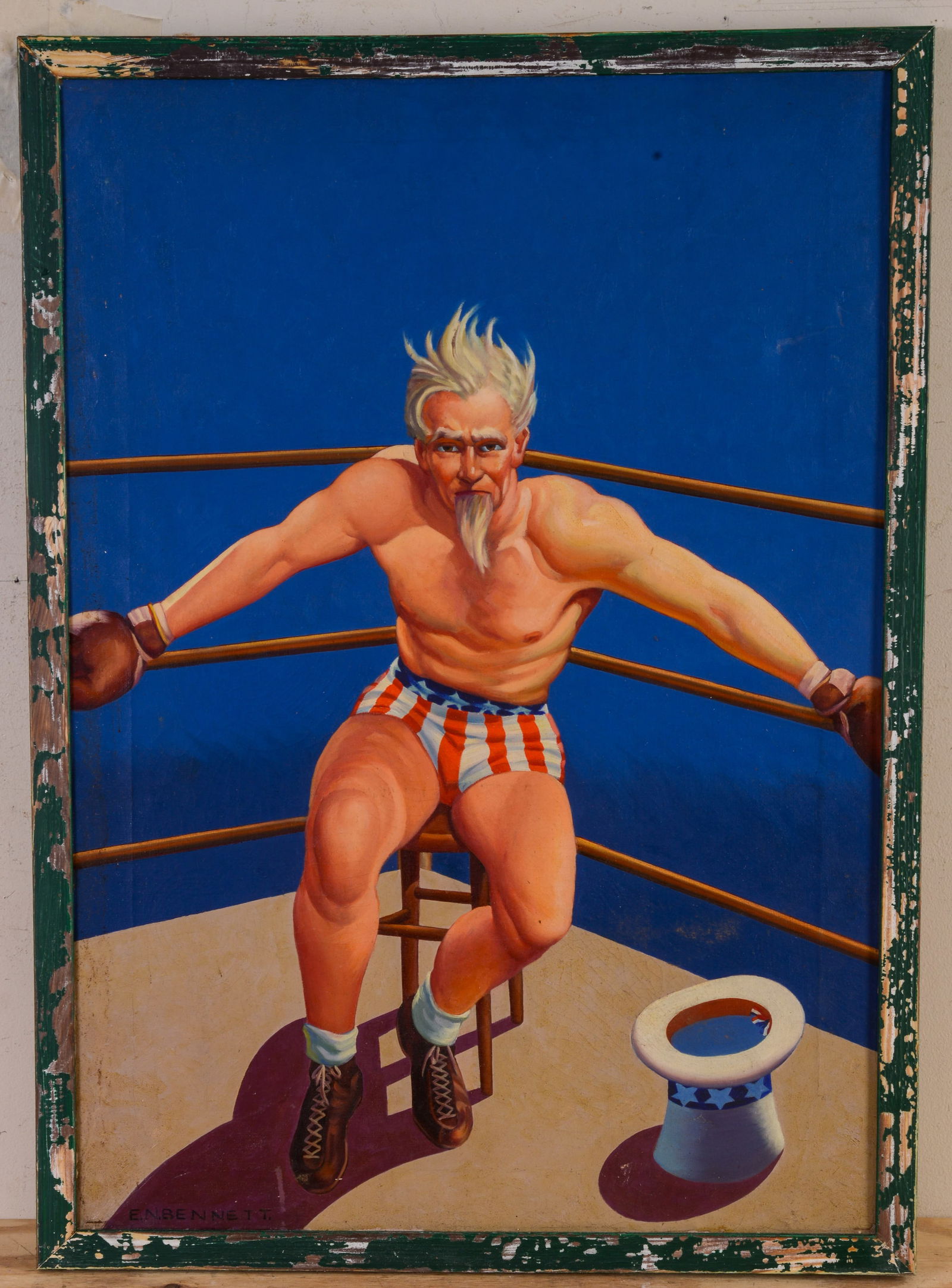 Mid Century Painting of Uncle Sam in a Boxing Ring.: Oil on canvas, 30 x 21 inches.