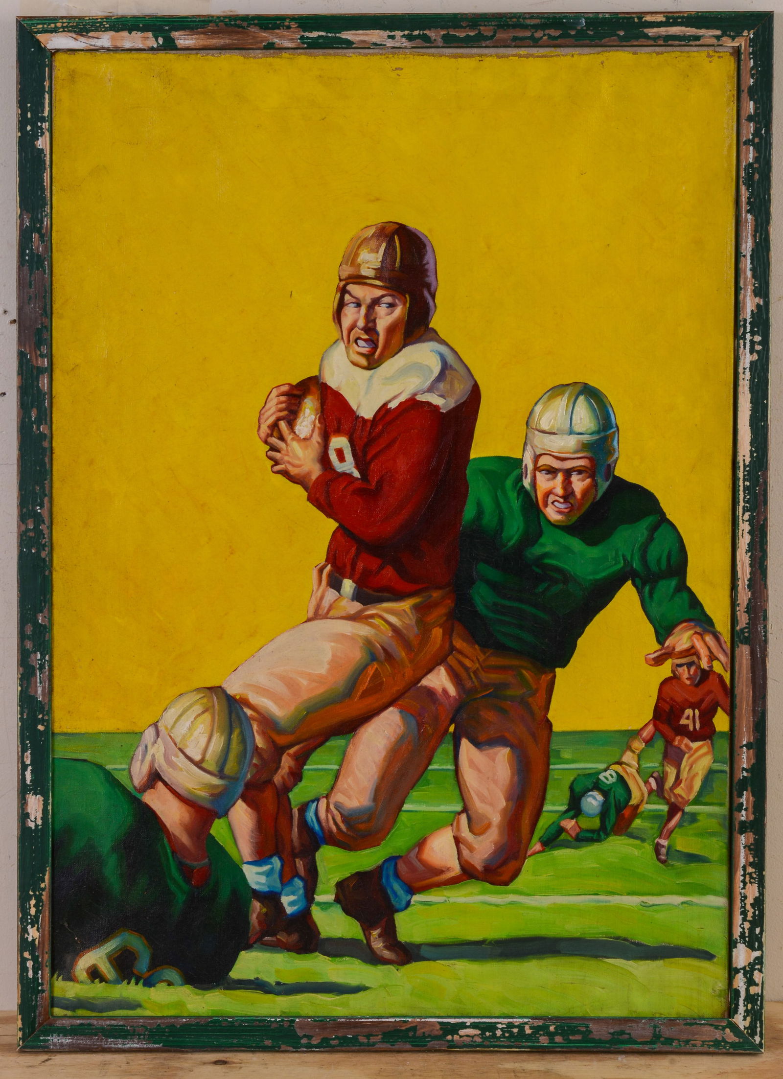 Mid Century Painting of a Football Game.: Oil on canvas, 30 x 21 inches.