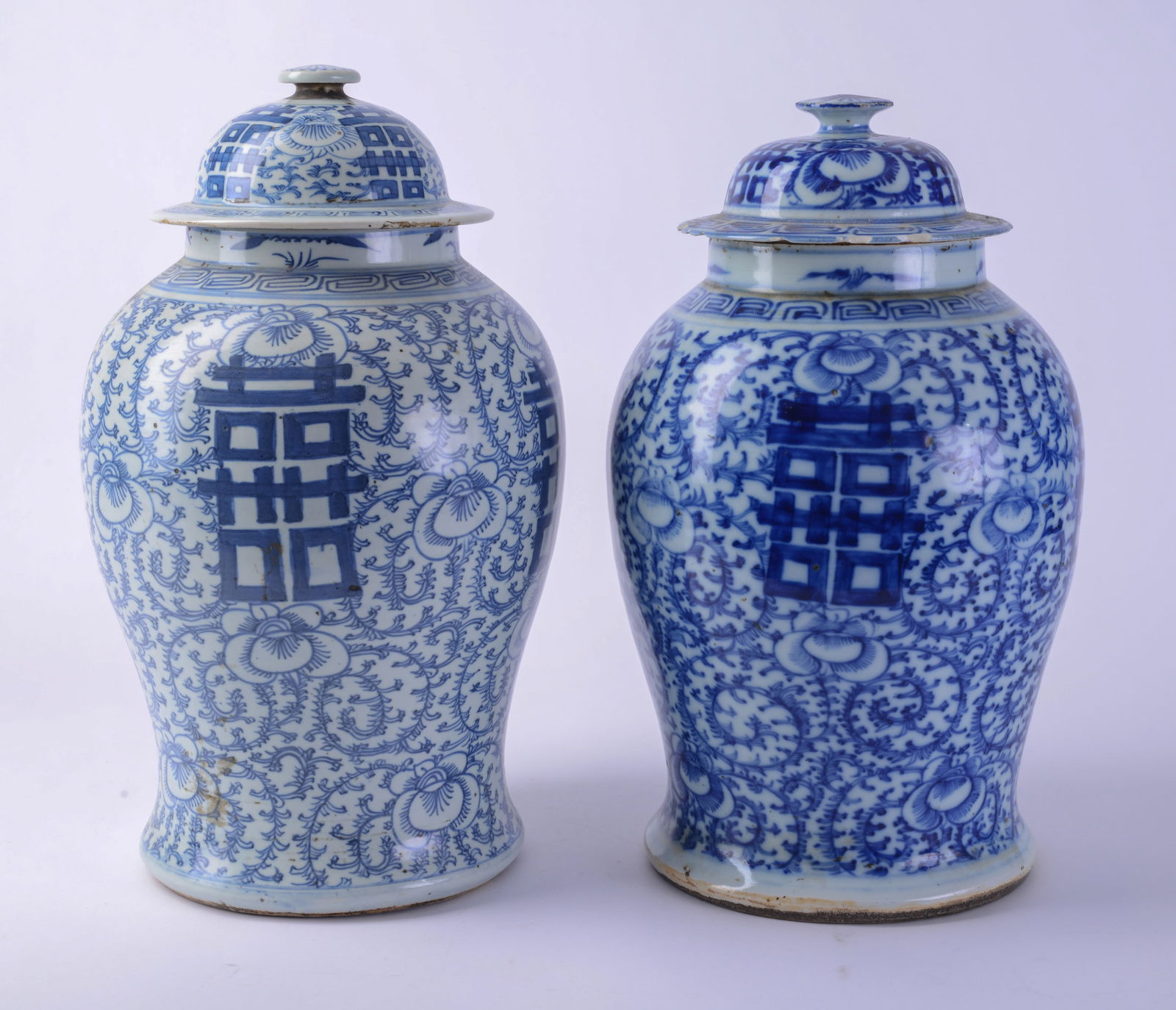 Pair of Large Chinese Blue and White Covered Jars.: Height 17 inches. Some chips to lids.