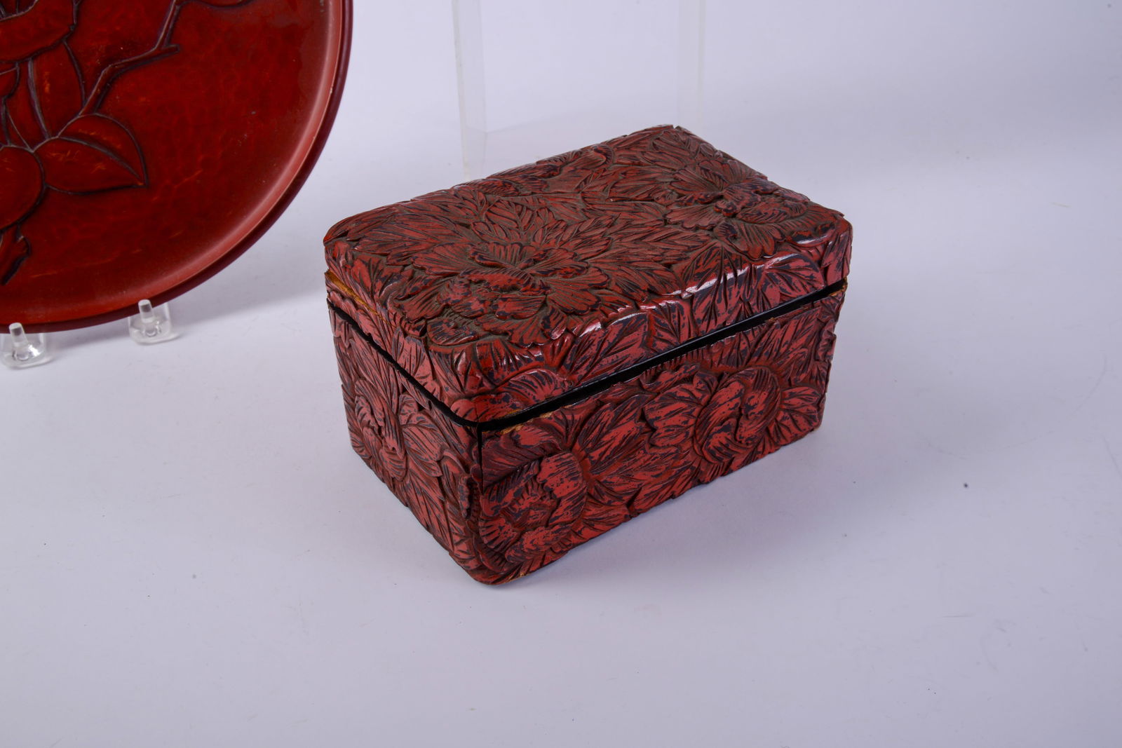 Three Chinese Red Lacquer Items. - 2