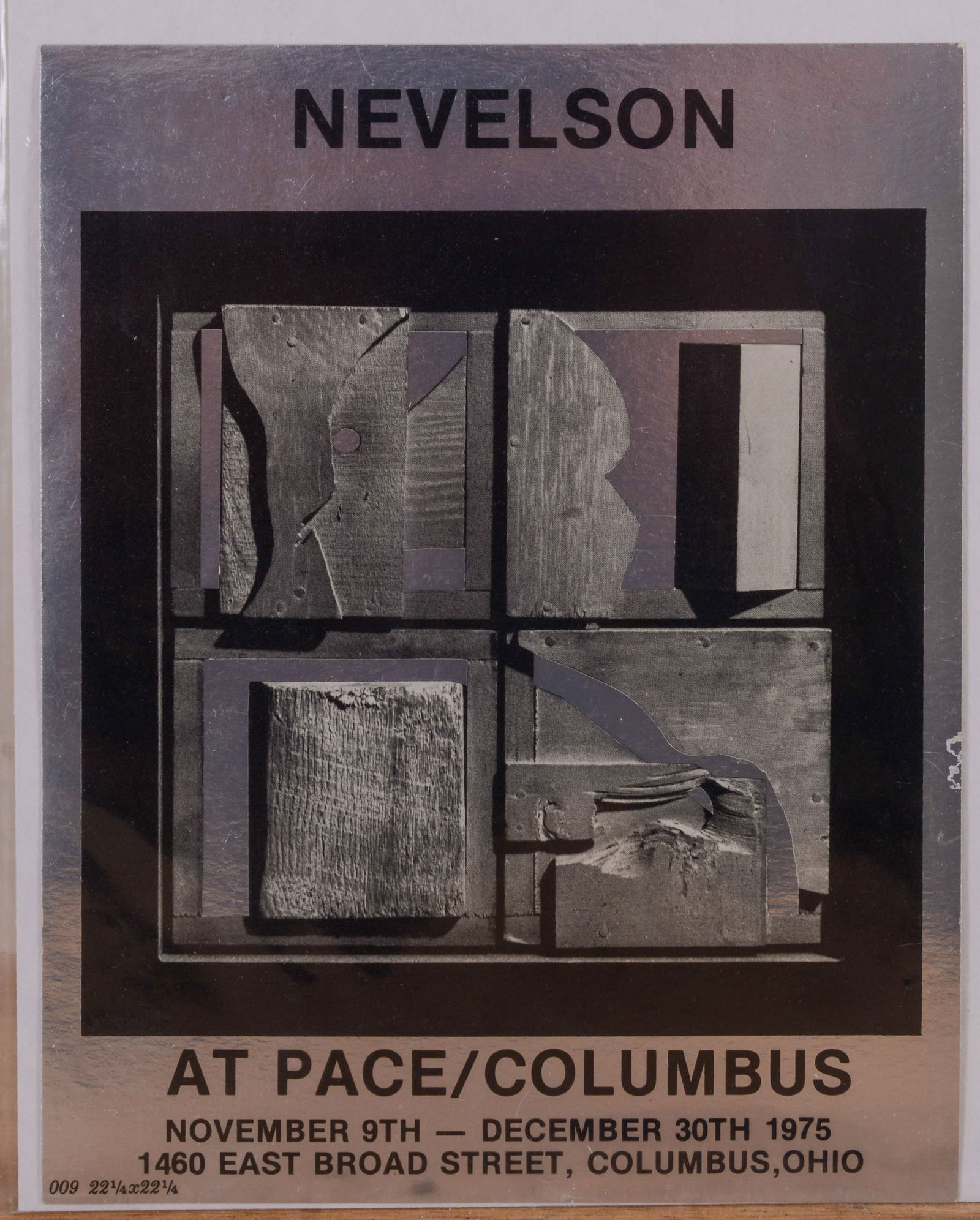 Louise Nevelson at Pace Columbus Gallery Invitation.: 1975, silver foil, 7.25 x 5.75 inches.