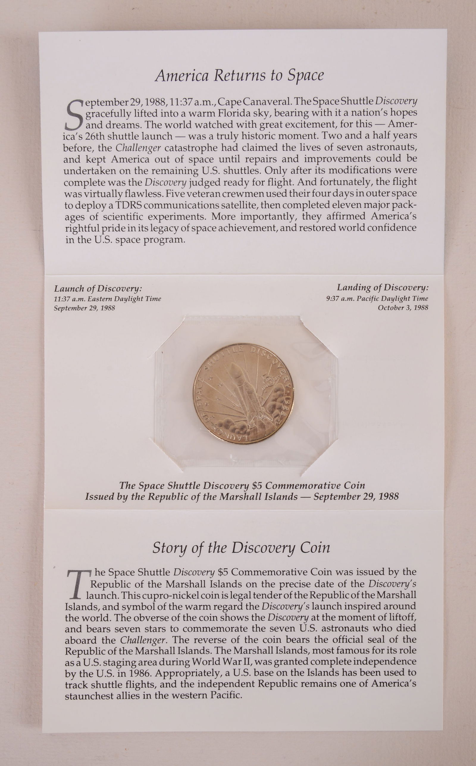 Republic of the Marshall Island Space Shuttle Commemorative Coin.: In new condition.