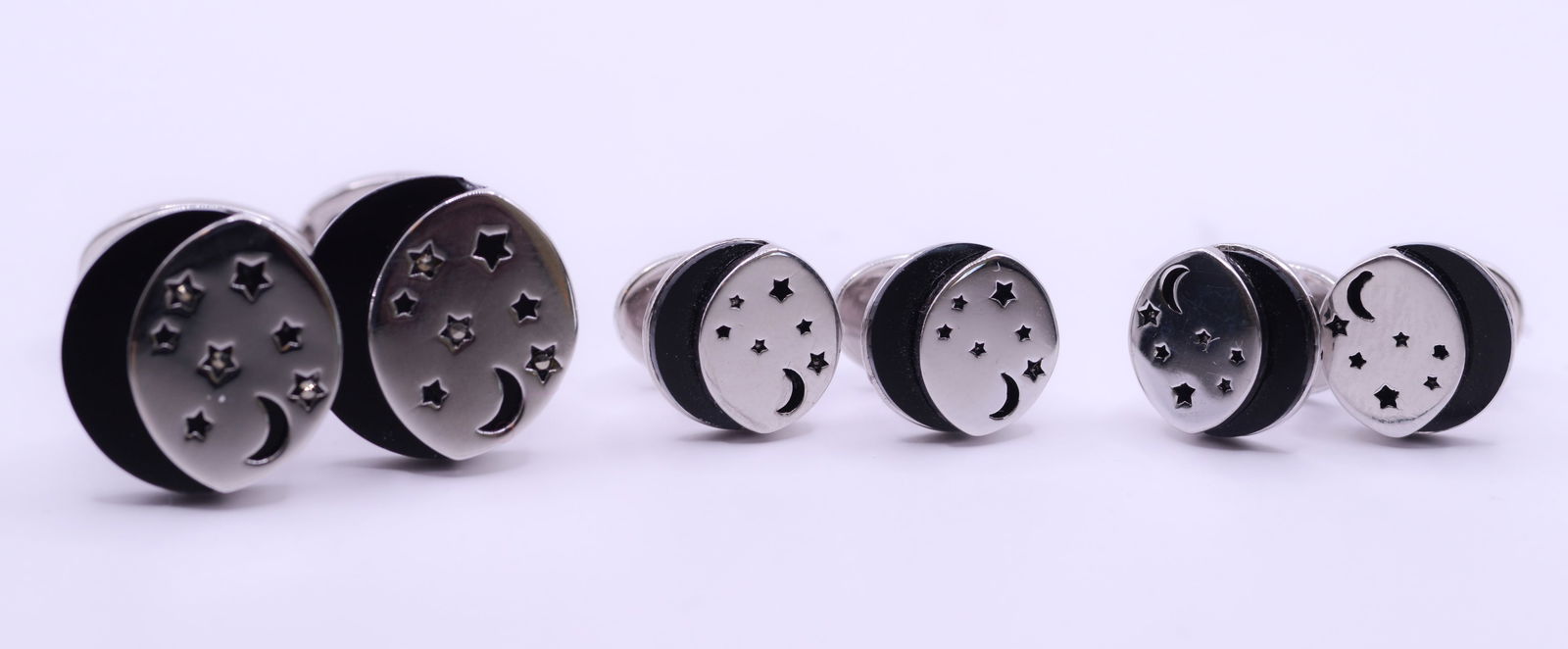 Jan Leslie Sterling Silver and Onyx Cufflink and Shirt Stud Set.: Moon and stars design, new in bag.