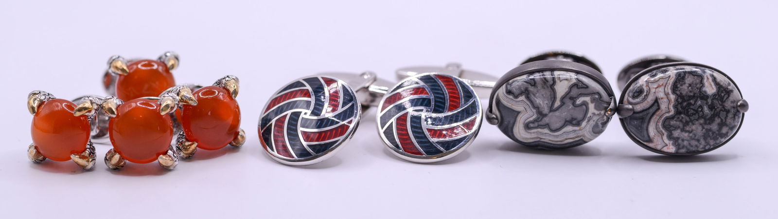 Two Pairs of Jan Leslie Sterling Silver Cufflinks and a Shirt Stud Set.: New in bags.