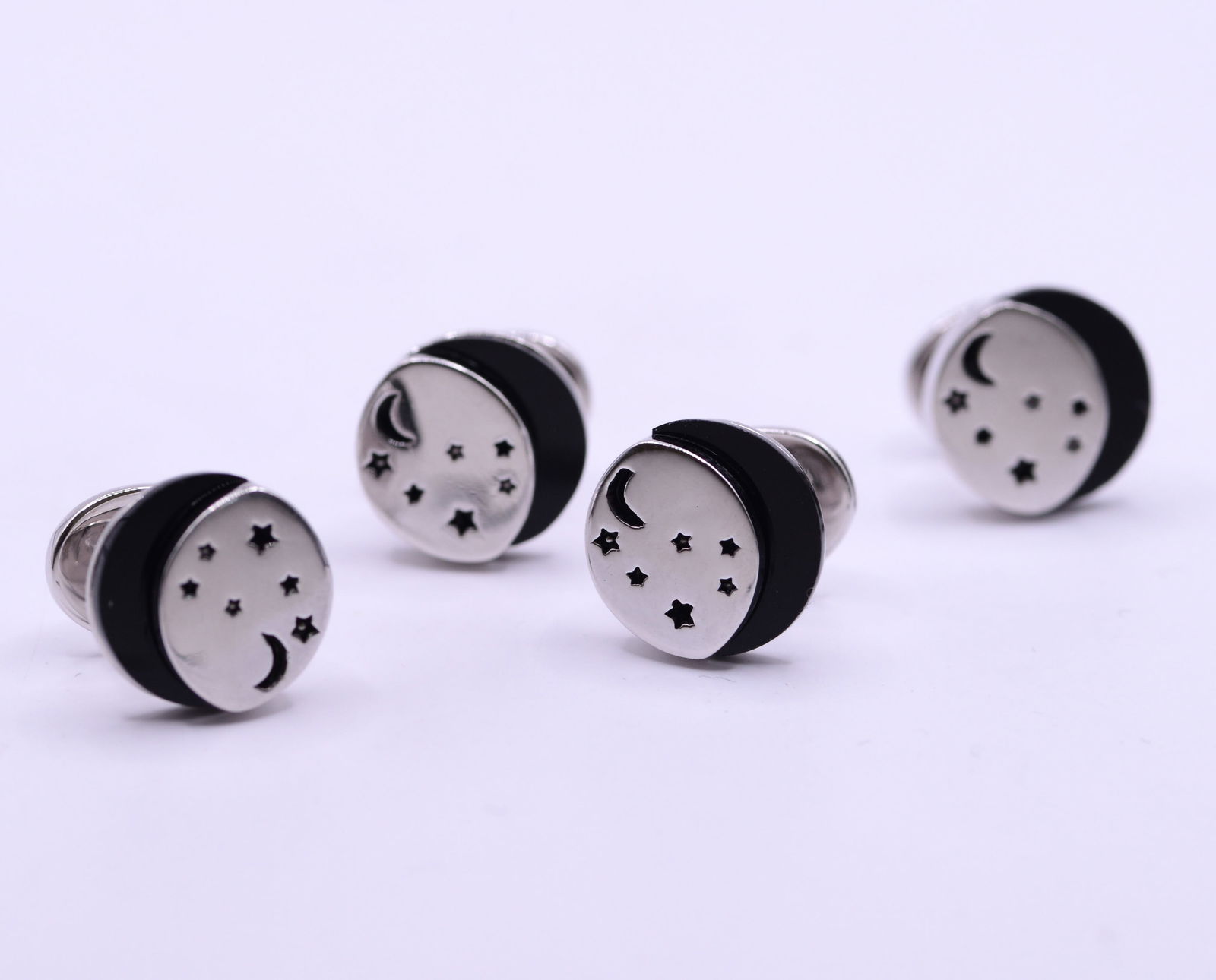 Jan Leslie Sterling Silver and Onyx Shirt Stud Set.: Moon and stars design, new in bag.