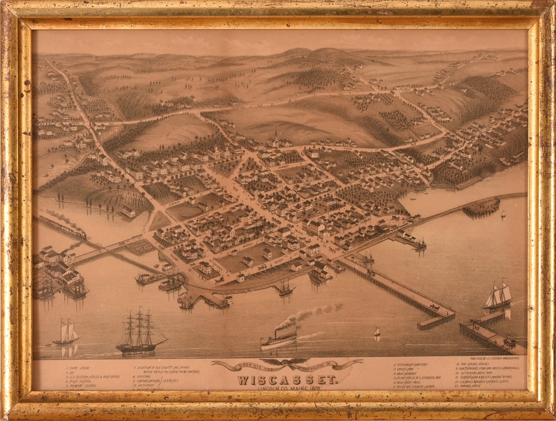 1878 BIRD'S EYE VIEW OF WISCASSET.: Lithograph, published by J.J. Stoner, Madison, Wisconsin. 12 x 17 inches. Framed.