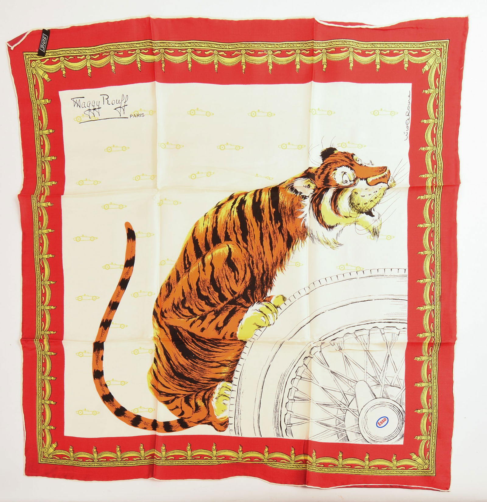 MAGGY ROUFF SILK ESSO ADVERTISING SCARF.: 26 x 26 inches. In original box, very good condition.