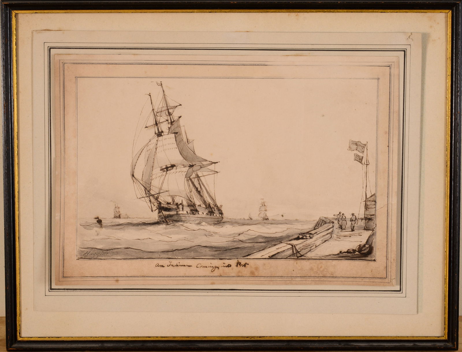 WILLIAM JOHN HUGGINS (1781 - 1845). AN INDIAMAN COMING INTO PORT: Pen, sepia and wash on paper, 8.5 x 17.75 inches, signed lower left. Framed, lacking glass and mat, loose from backing.