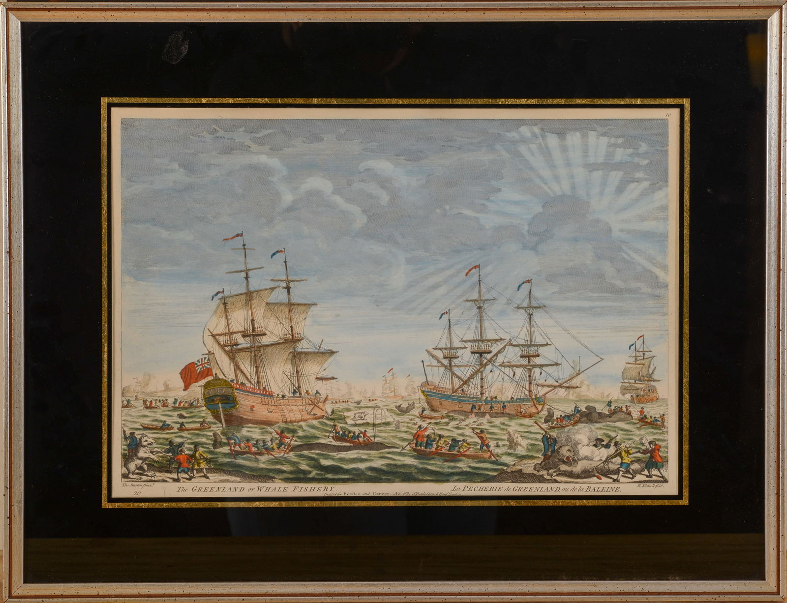 18TH CENTURY ENGLISH WHALING PRINT.: â€?The Greenland or Whale Fisheryâ€?, â€?La Pecherie de Greenland ou de la Baleineâ€?, engraved by E. Kirkall after Thomas Baston, Printed for Carrington Bowles, London. Hand