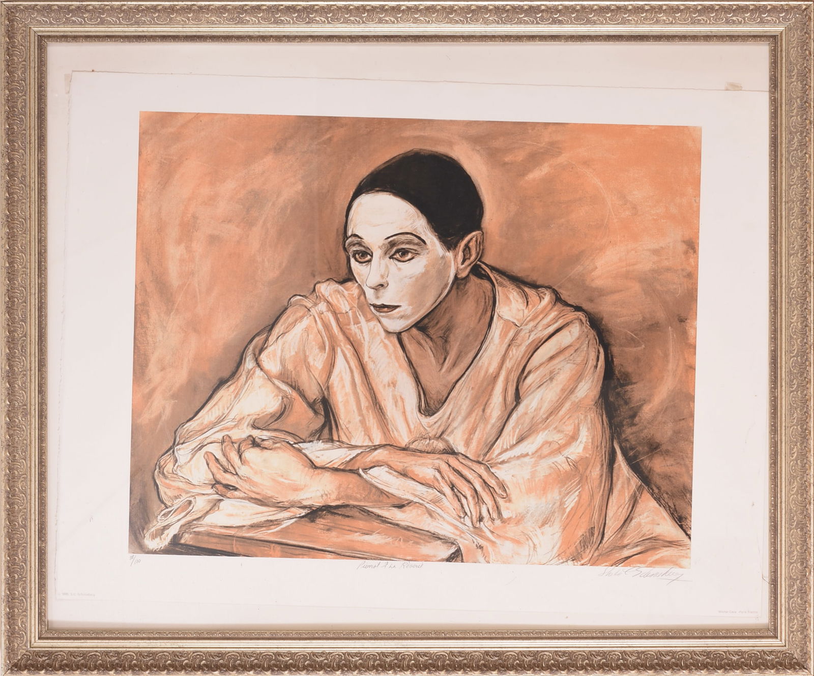 S.C. Schoeneberg. Pierrot a la Reverie.: Original serigraph, pencil signed, sheet 25 x 32 inches. Framed, 31 x 37 inches. Print has shifted in framed.