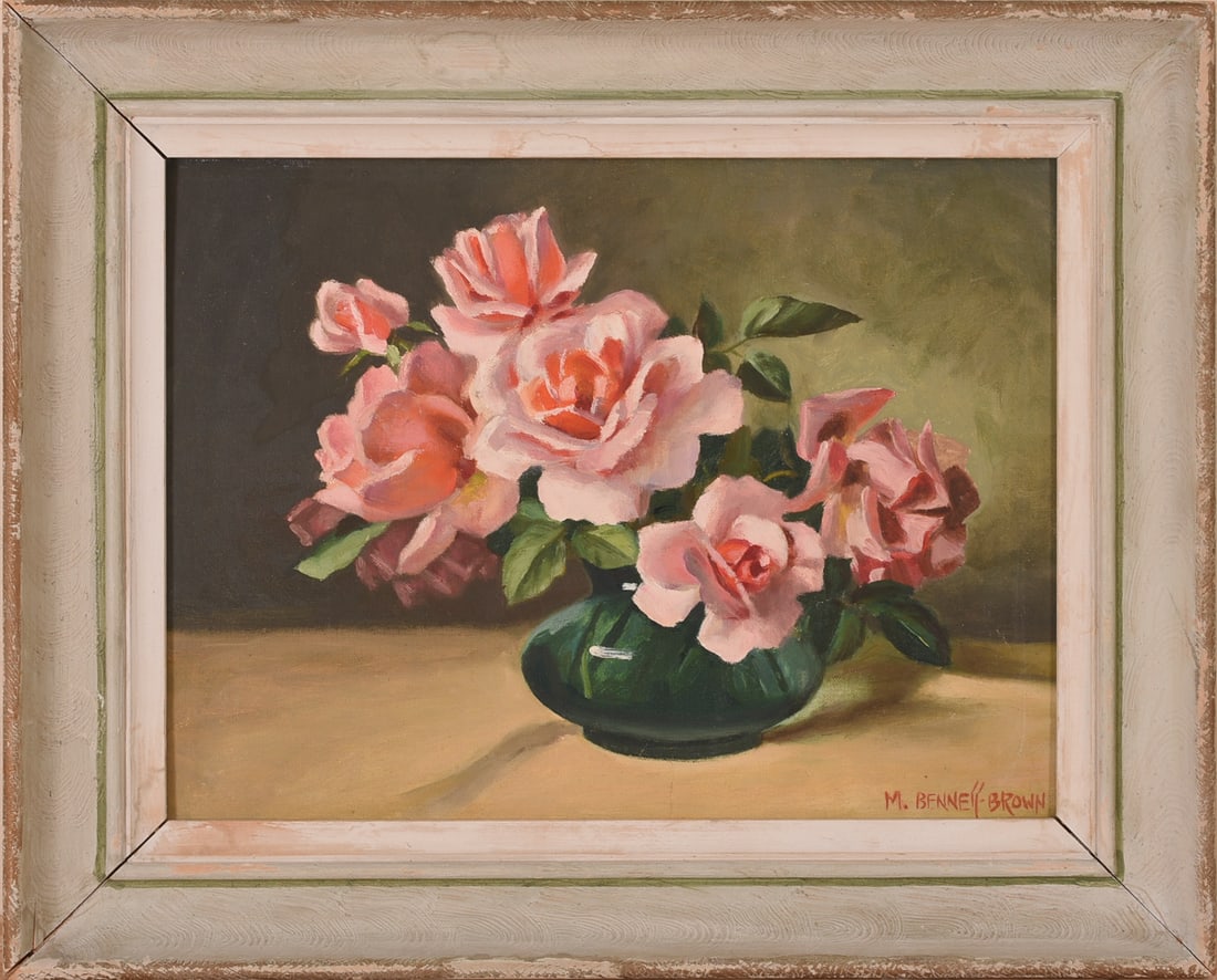 Mae Bennett Brown (1887 - 1973). Still Life with Roses.: Oil on board, 12 x 16 inches, signed lower right. Framed, 16 x 20 inches.