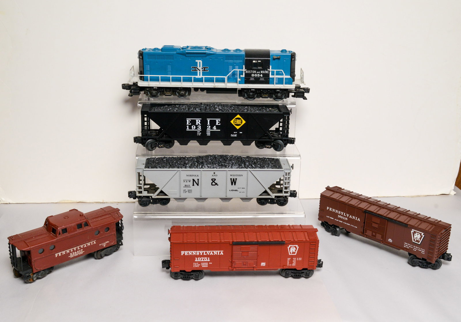 Boston and Maine 8654 Locomotive, and Five Cars.: Pennsylvania 19751, 569356, 563417, and Erie 19324.