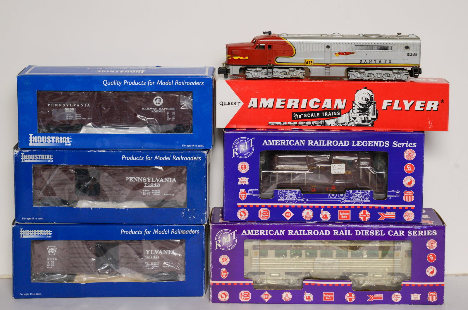 Six O Gauge Train Cars.: Pennsylvania 5839, 74043, 4043, RMT 5152, RMT 4223, American Flyer 473.