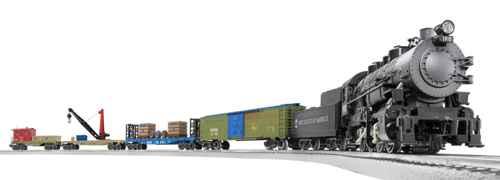 Lionel Boy Scouts of America O-Gauge Train Set.: This set includes: die-cast 0-8-0 steam locomotive, tender, bulkhead flatcar with box and wheel load, operating derrick car, BSA oath boxcar with opening doors and more Train length is approximately 5