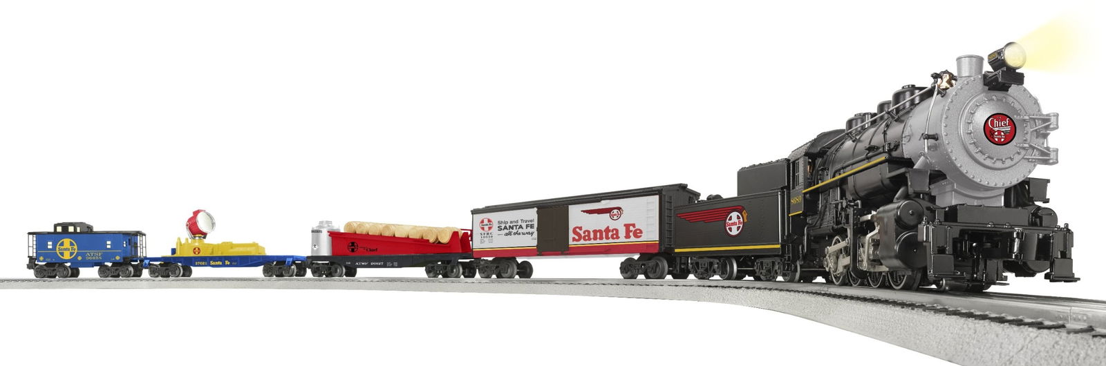 Lionel Santa Fe Flyer O-Gauge Train Set.: The set includes, 0-8-0 steam locomotive and tender, wood-sided reefer with opening doors, barrel ramp car, operating searchlight car with adjustable position, and more. Train length is 58â€?, t