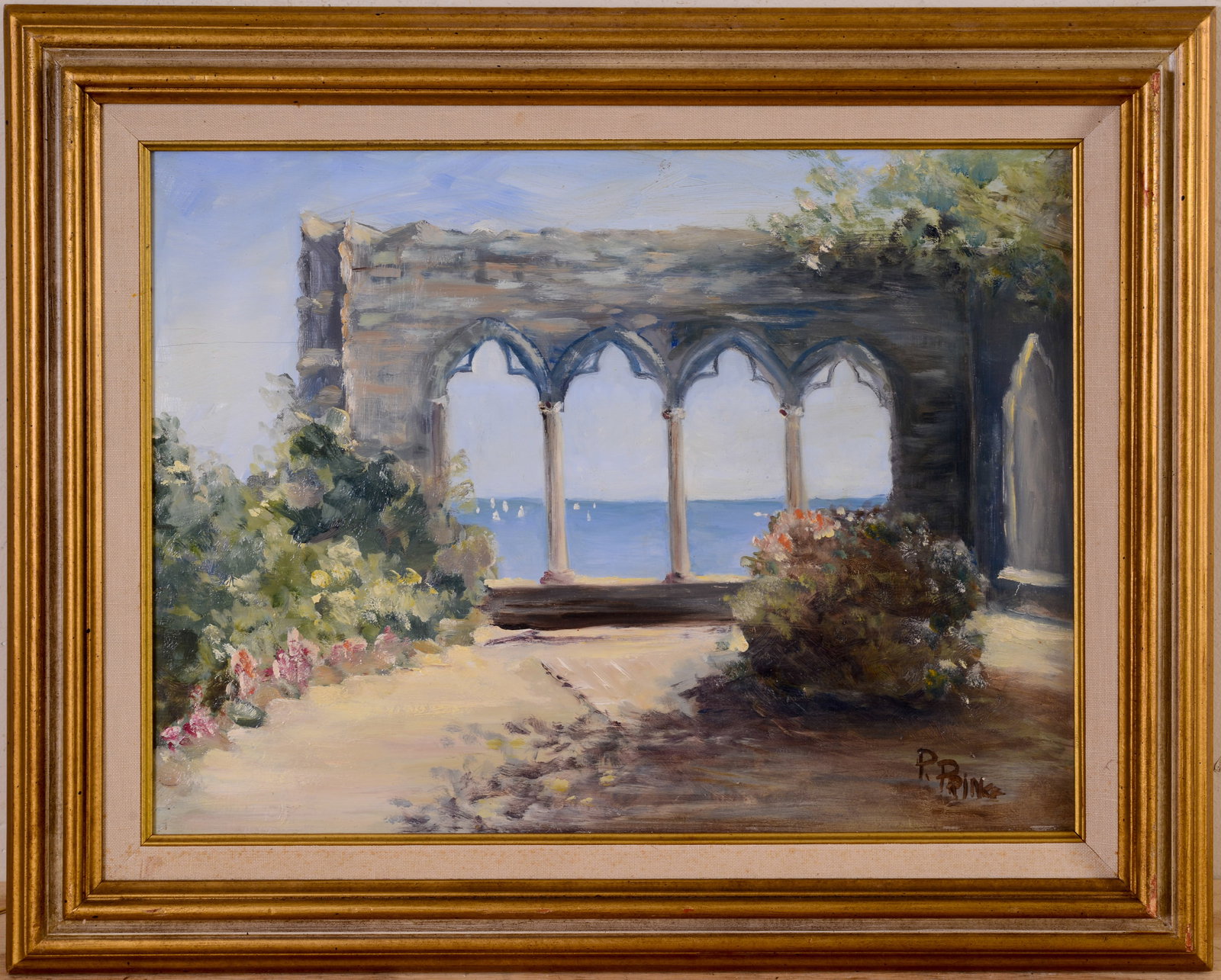 Framed Landscape of Ancient Ruins: Oil on board. Signed lower right P. Prince. Frame 16 x 20.5 inches. Sight 12 x 16 inches.