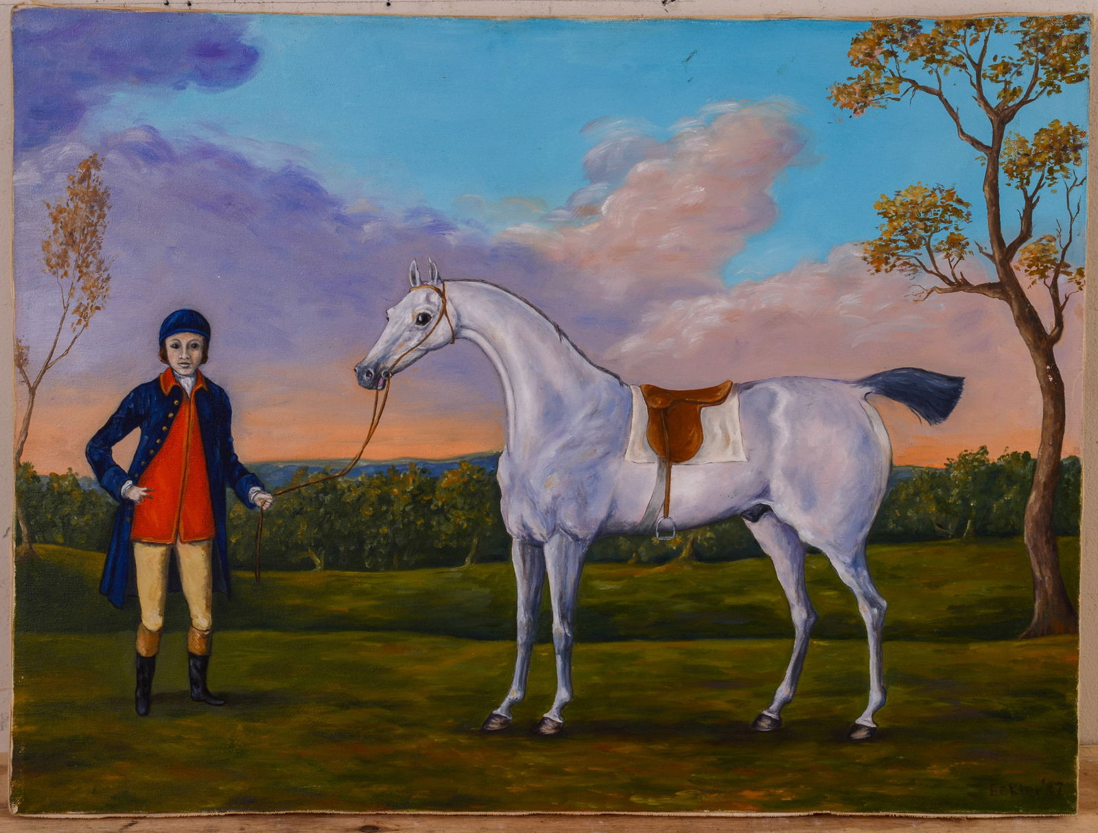 Naive Painting of Horse and Attendant.: Oil on canvas, 18 x 24 inches.