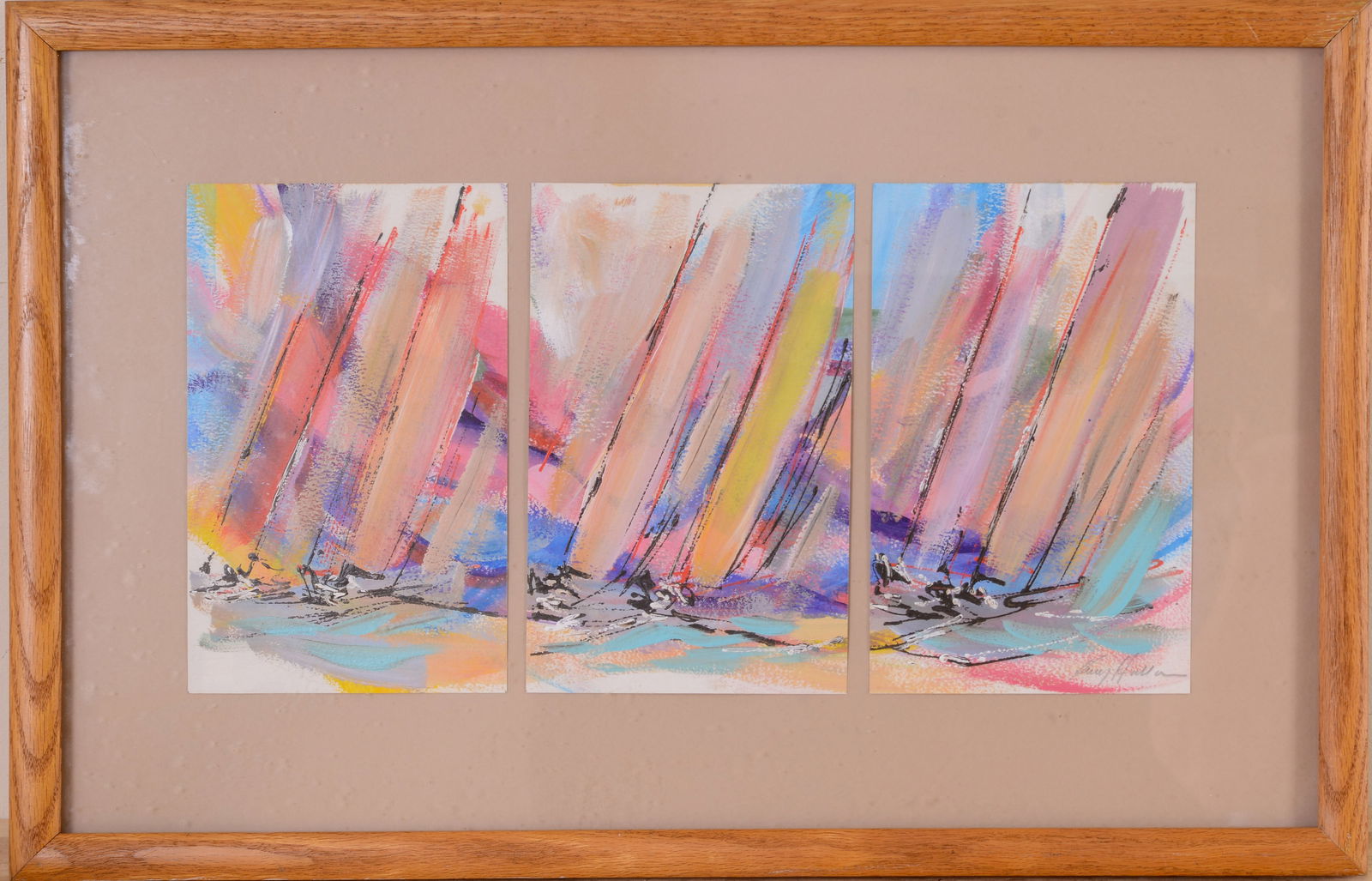 Framed Scene of Nautical Race.: Mixed media, signed lower right. Frame 15 1/2 x 24 inches, sight 9 x 18 inches.