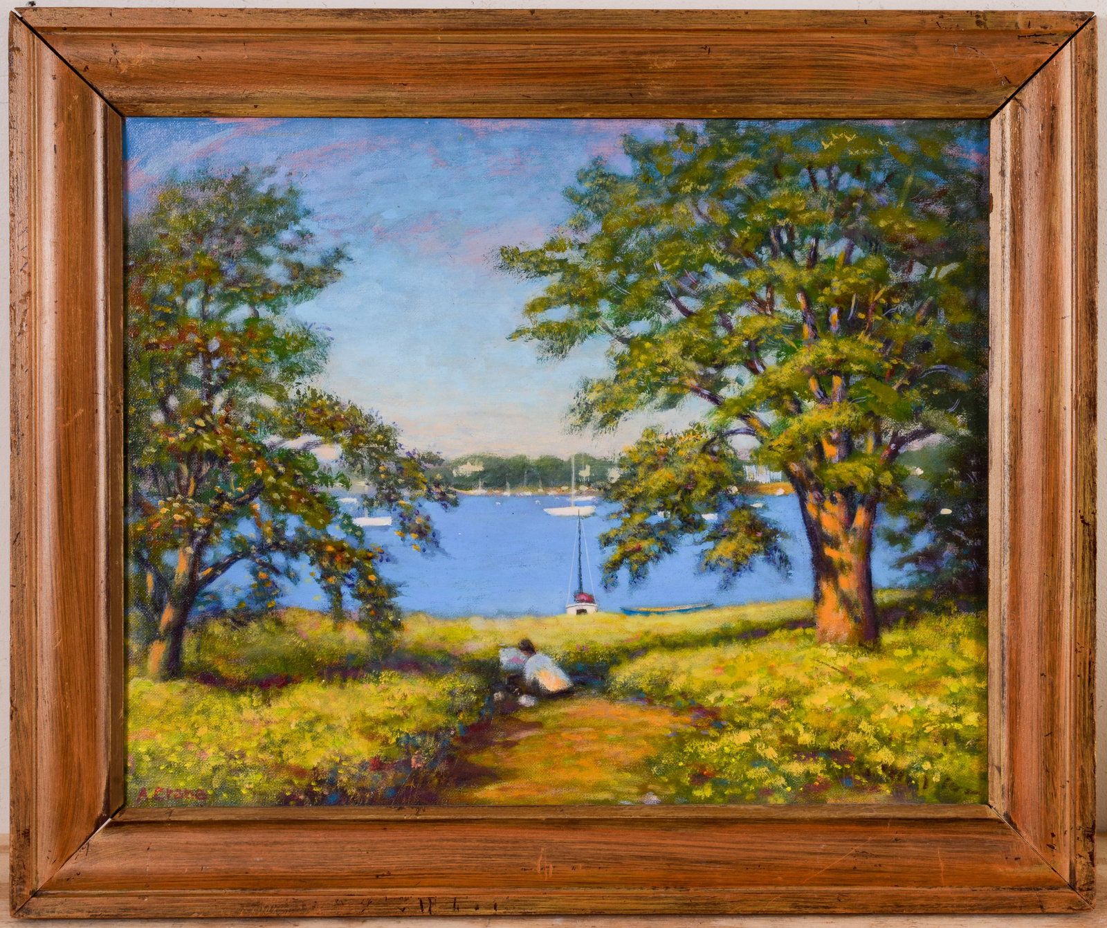 Framed Landscape of Harbor and Trees.: Oil on board, signed lower left A. Crane. Frame 20 1/2 x 24 1/2 inches, sight 16 x 20 inches.