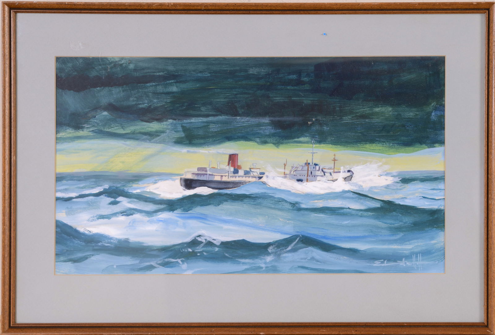 Framed Marine Painting of Freight Ship.: Oil on board, signed lower right. Frame 15 1/2 x 22 3/4 inches, sight 10 x 18 inches.
