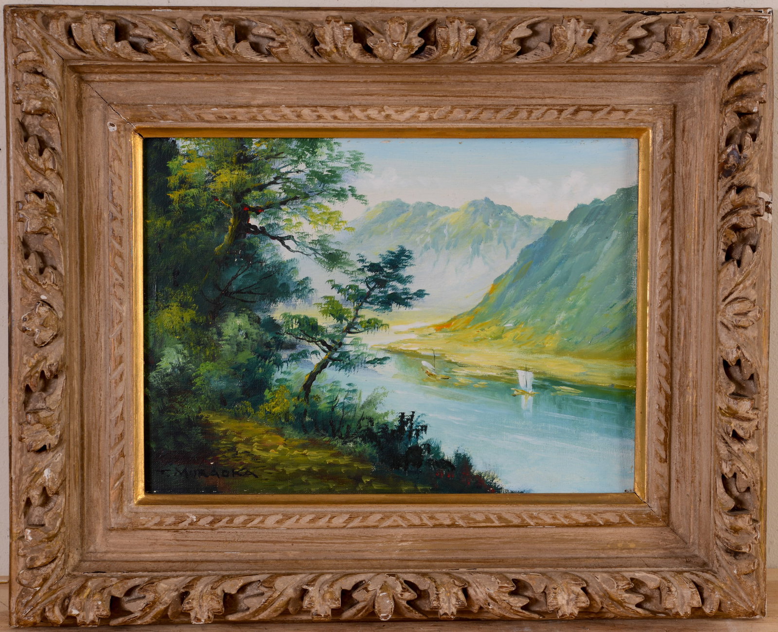 Framed Landscape Scene of Mountains and Lake.: Oil on canvas. Signed lower left T. Muraoka (Tairo). Frame 15 x 19 inches, sight 10 x 13 inches.