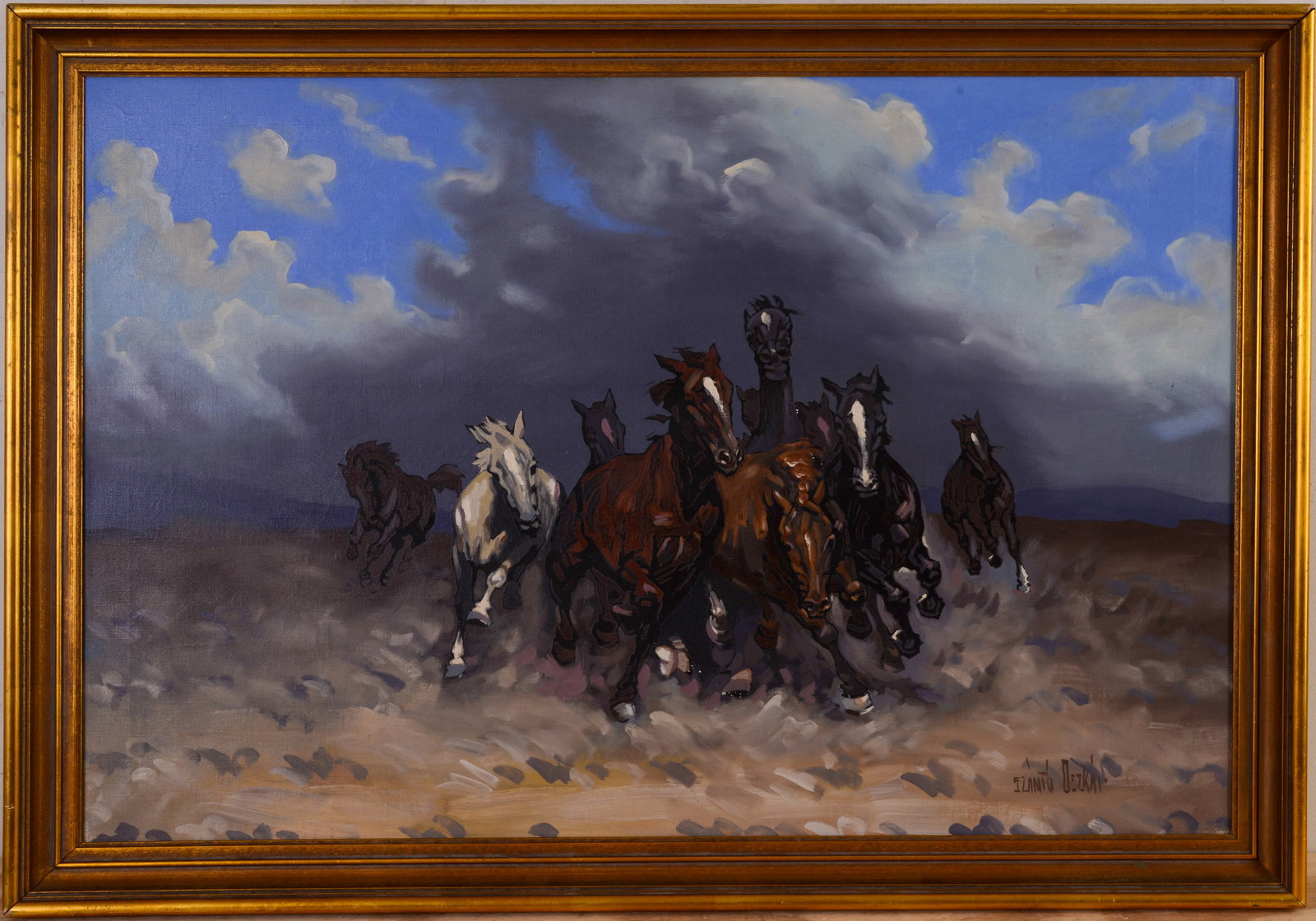 Szanto Oszkar. Wild Horses.: Oil on canvas, 24 x 36 inches. Signed lower right Szanto Oszkar. Framed, 28 x 39.5 inches.