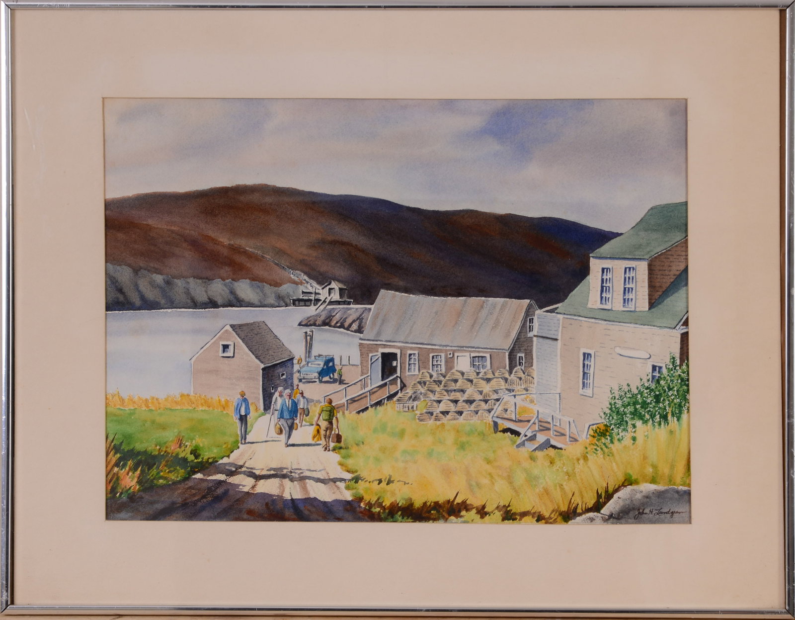 John H. Lundgren (20th Maine). The Landing at Monhegan Island.: Watercolor on paper, signed LR. 14 x 19 1/2 inches, sight. Framed, 20 1/4 x 26 1/4 inches.