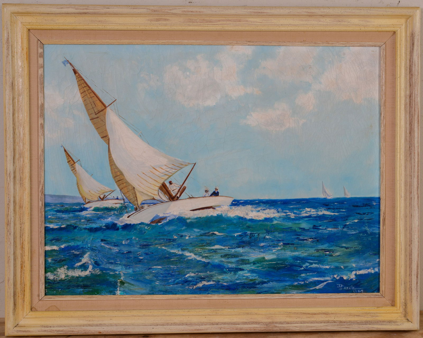 Deanna Lavoie. Sailboats Racing.: Oil on canvas, signed and dated LL 1967. 18 x 24 inches sight. Framed, 23 x 29 inches.