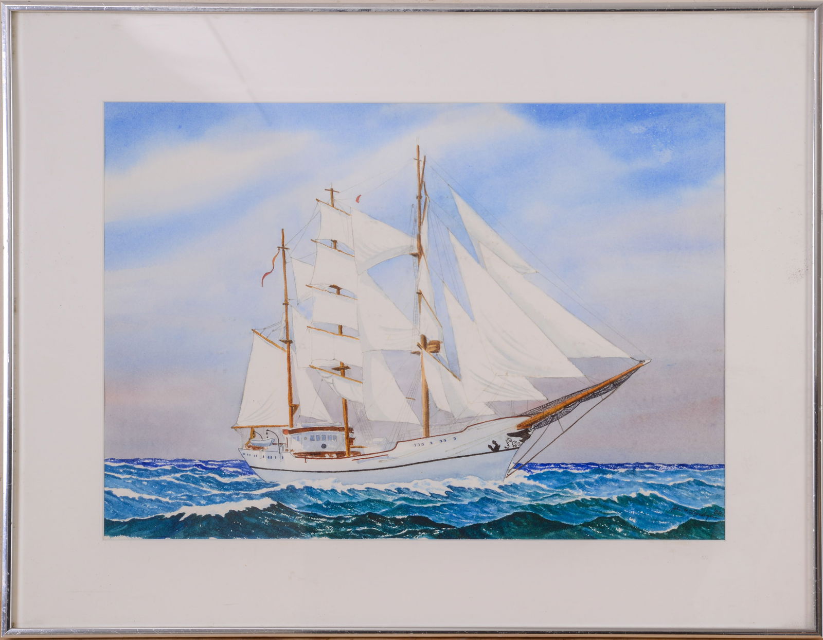 John H. Lundgren (20th Maine). Ship Under Full Sail.: Watercolor on paper, signed LR. 14 x 19 3/4 inches, sight. Framed, 20 x 26 inches.