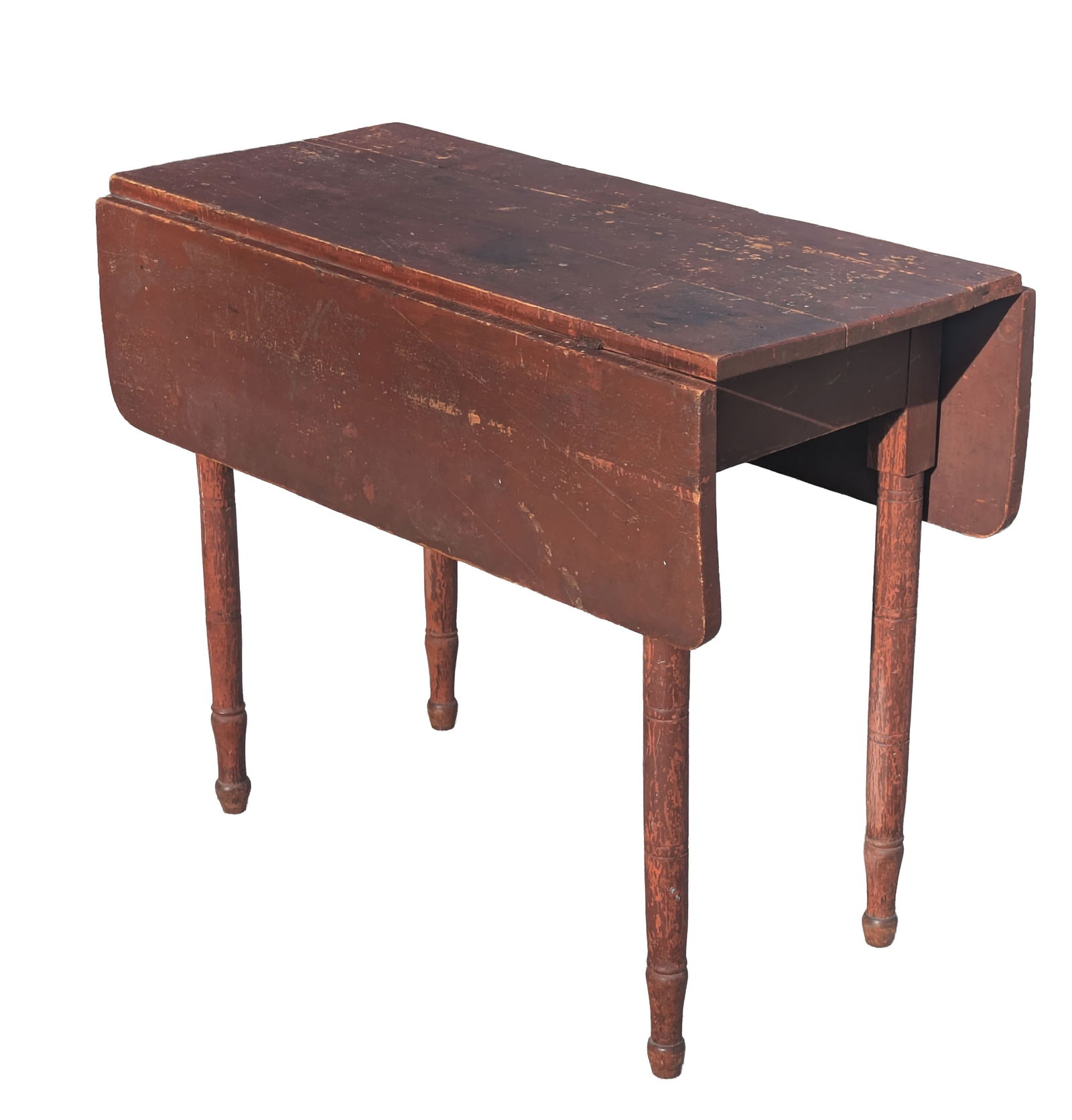 Small Dropleaf Table in Red Paint.: Height 28.5 inches, length 36 inches, depth closed 16 inches, each leaf 10 inches.