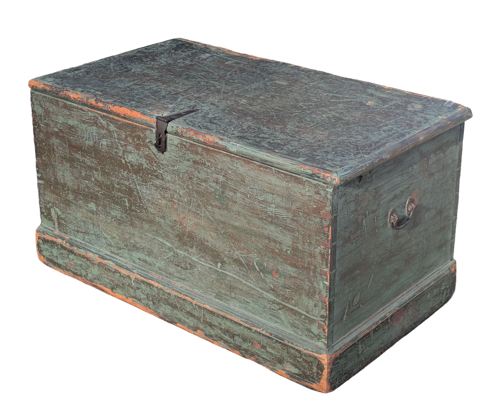 Sea Chest in Green Paint.: 20 x 38 x 22 inches. Hinges detached, some old breaks.