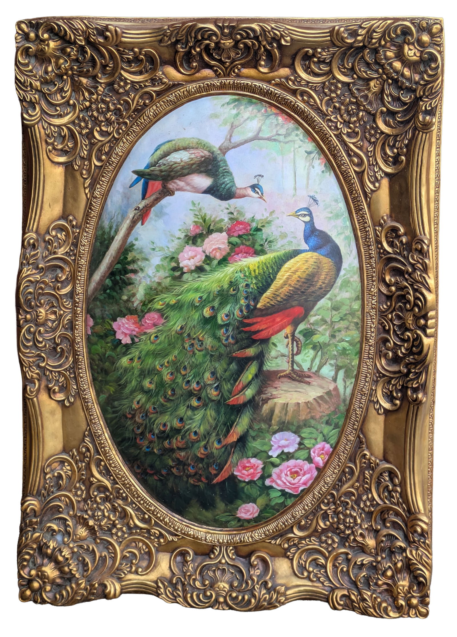 Large Painting of Two Peacocks.: Frame 45 x 33 inches.