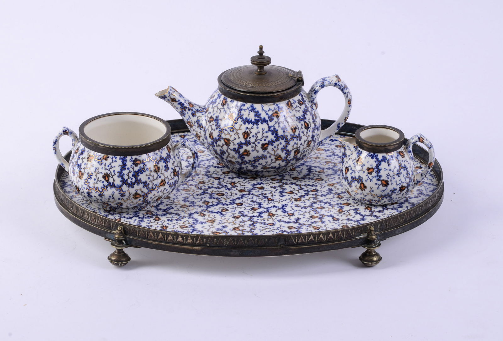 19th Century English Porcelain Four Piece Tea Service.: Tray 14 x 10.5 inches.