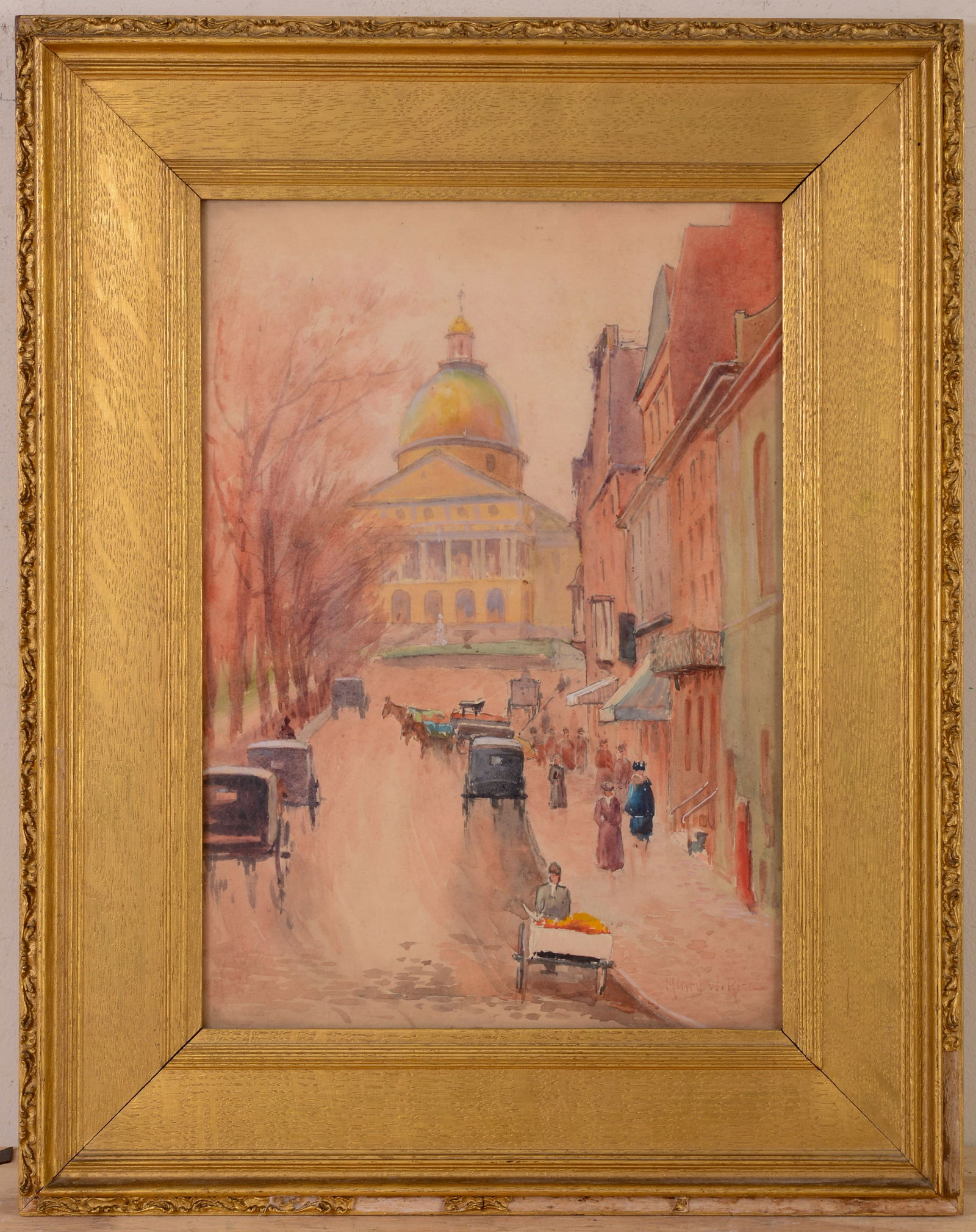Henry Webster Rice. (1853-1934). Boston Statehouse.: Watercolor on paper, signed lower right. 13.5 x 9.5 inches, sight. Framed, 19.5 x 15.5 inches.