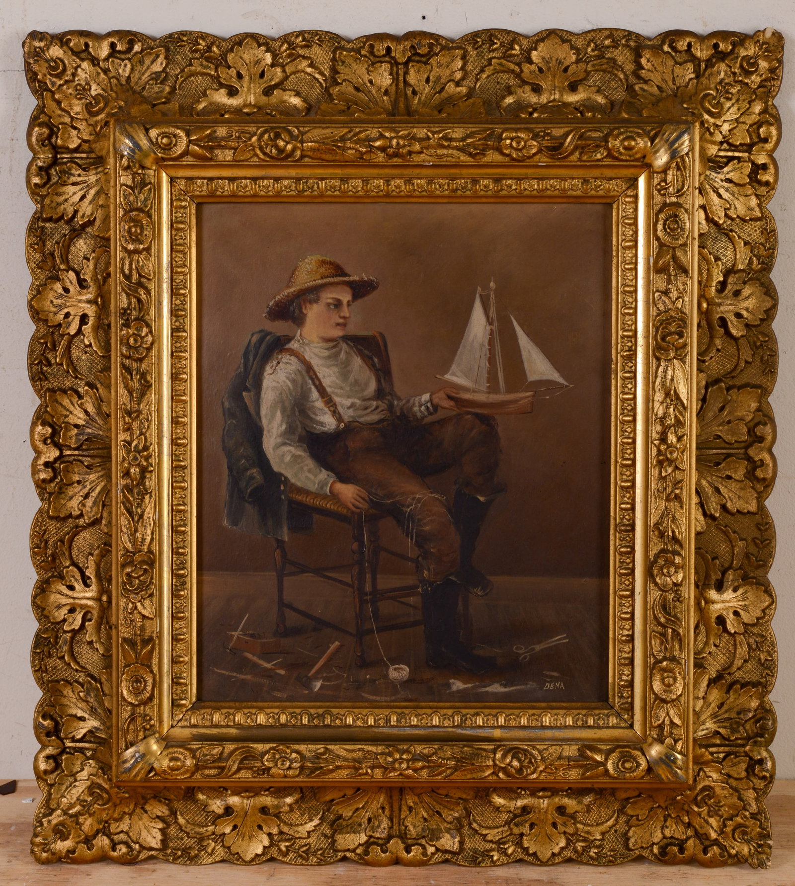 Paint of a Young Shipbuilder.: Oil on board, 12 x 10 inches. Signed Dena lower right. In an ornate gilt frame, 19.5 x 17 inches.