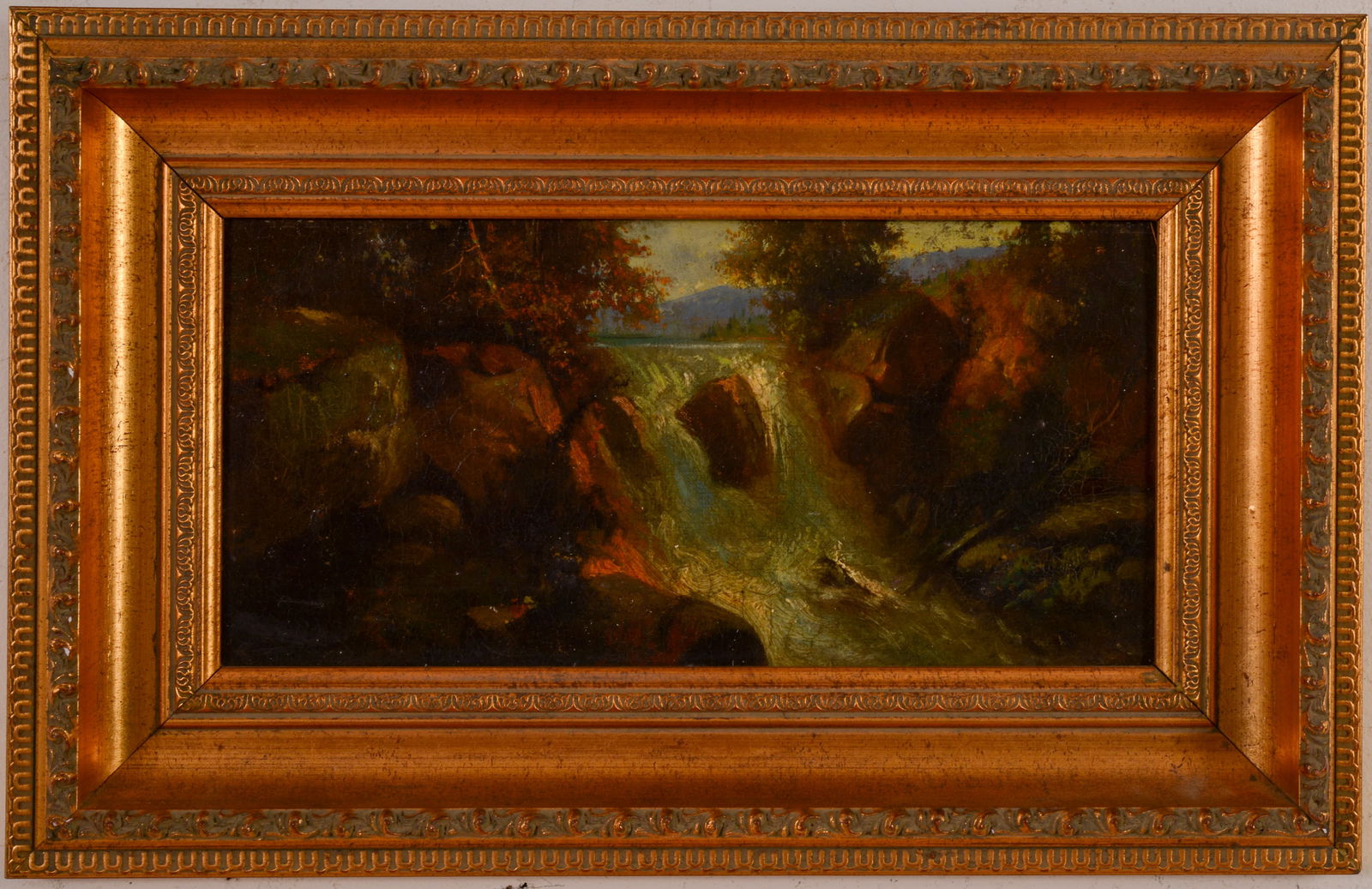 Falls in the Catskills, 1886.: Oil on canvas on board, 6 x 12 inches. Titled and dated on verso. Framed, 10 x 16 inches.