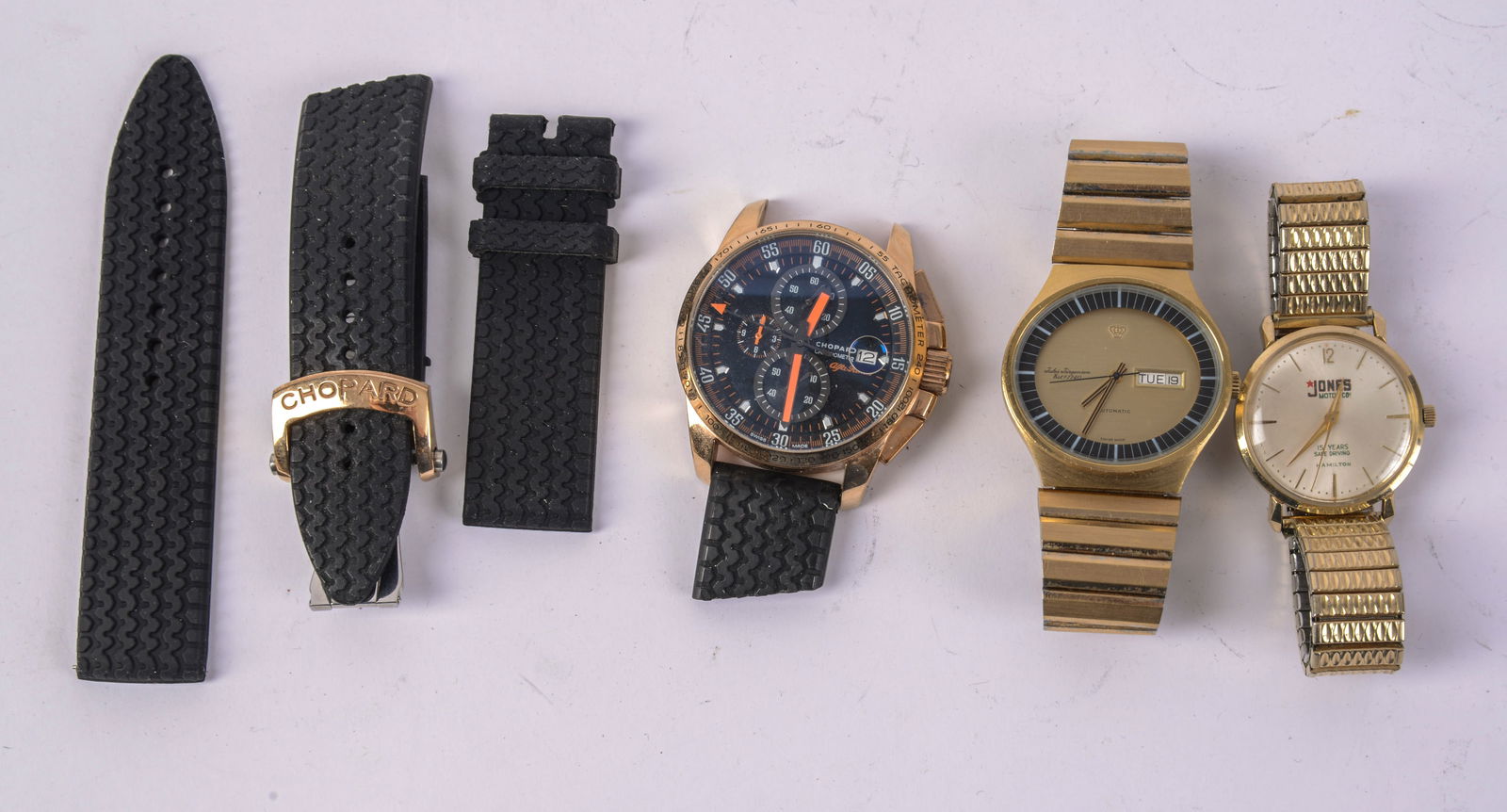 Three Men's Watches.: Chopard Alfa Romeo (a quality replica), diameter 1.5 inches, Jones Motor Co., and a Jules Jorgenson. Not tested for operation.