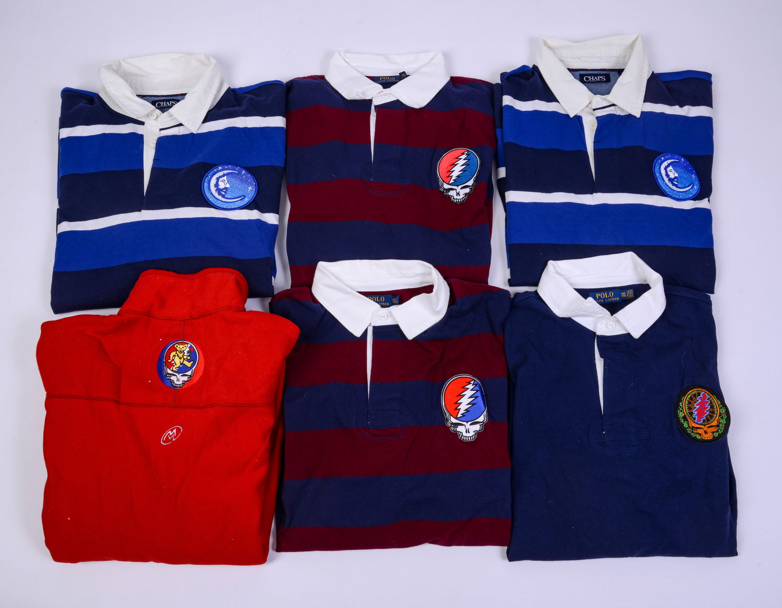 Six Men's XXL Shirts with Grateful Dead Badges.: Polo Ralph Lauren, Chaps, Cloudveil. Good condition.