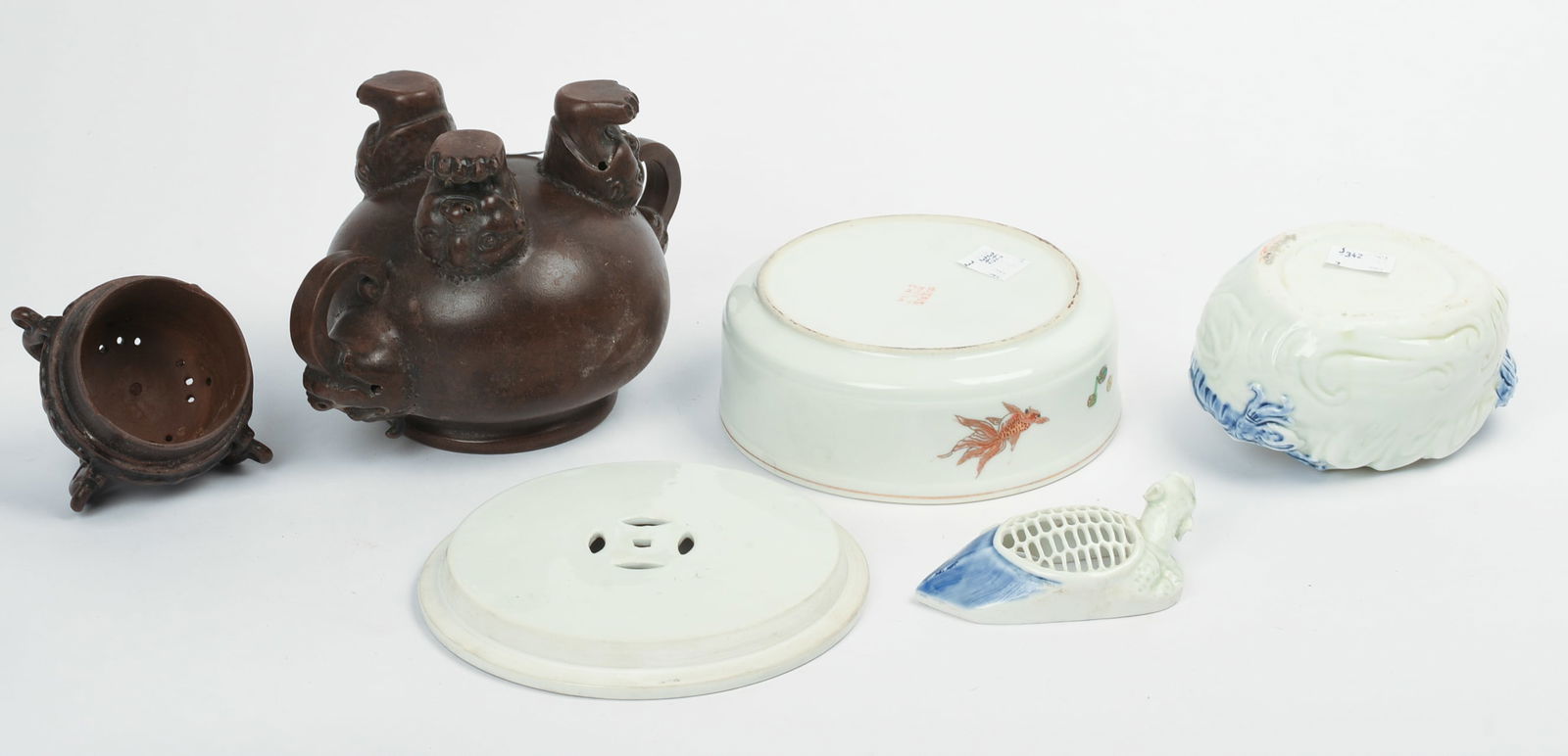 Three Chinese Porcelain and Metal Incense Burners.: Metal burner 7.5 inches tall. One small rim chip.