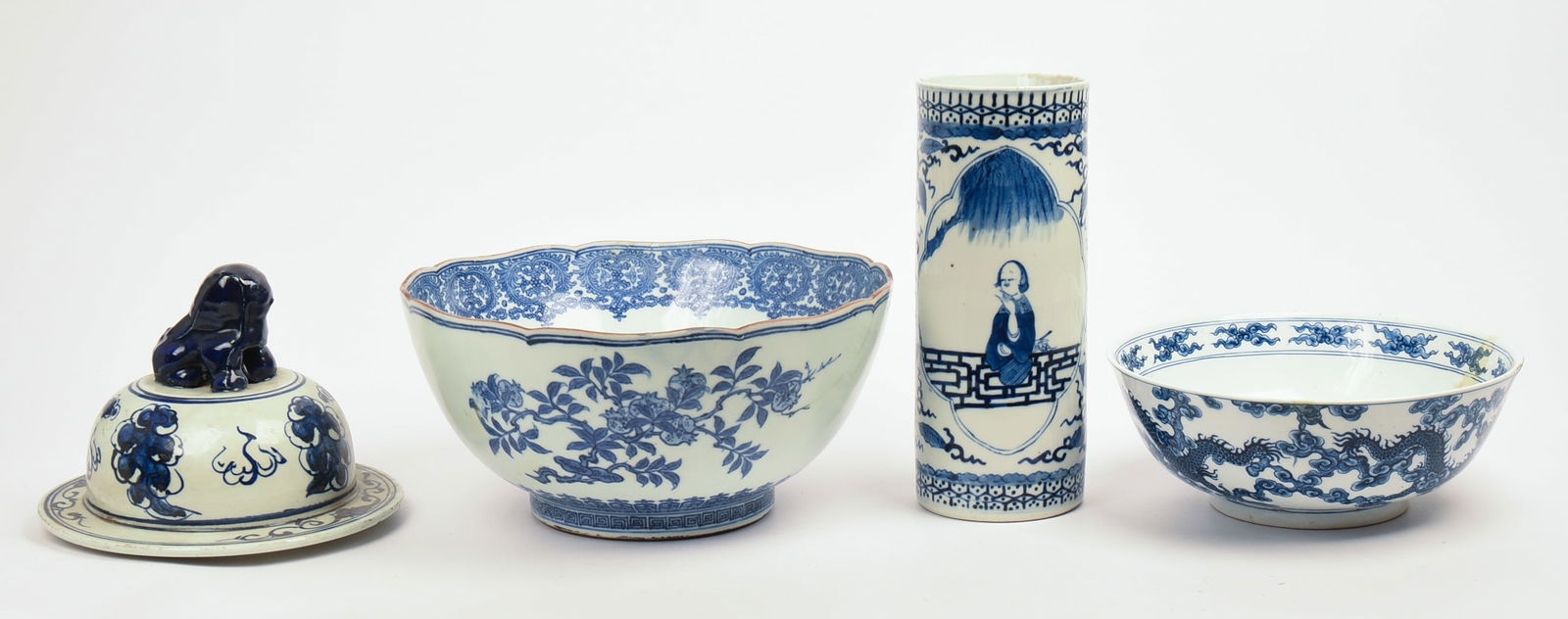 Two Chinese Blue and White Bowls, with Tall Vase and Top with Foo Dog.: Diameter of large bowl 11.5 inches. Vase fitted with metal rod. Good condition.