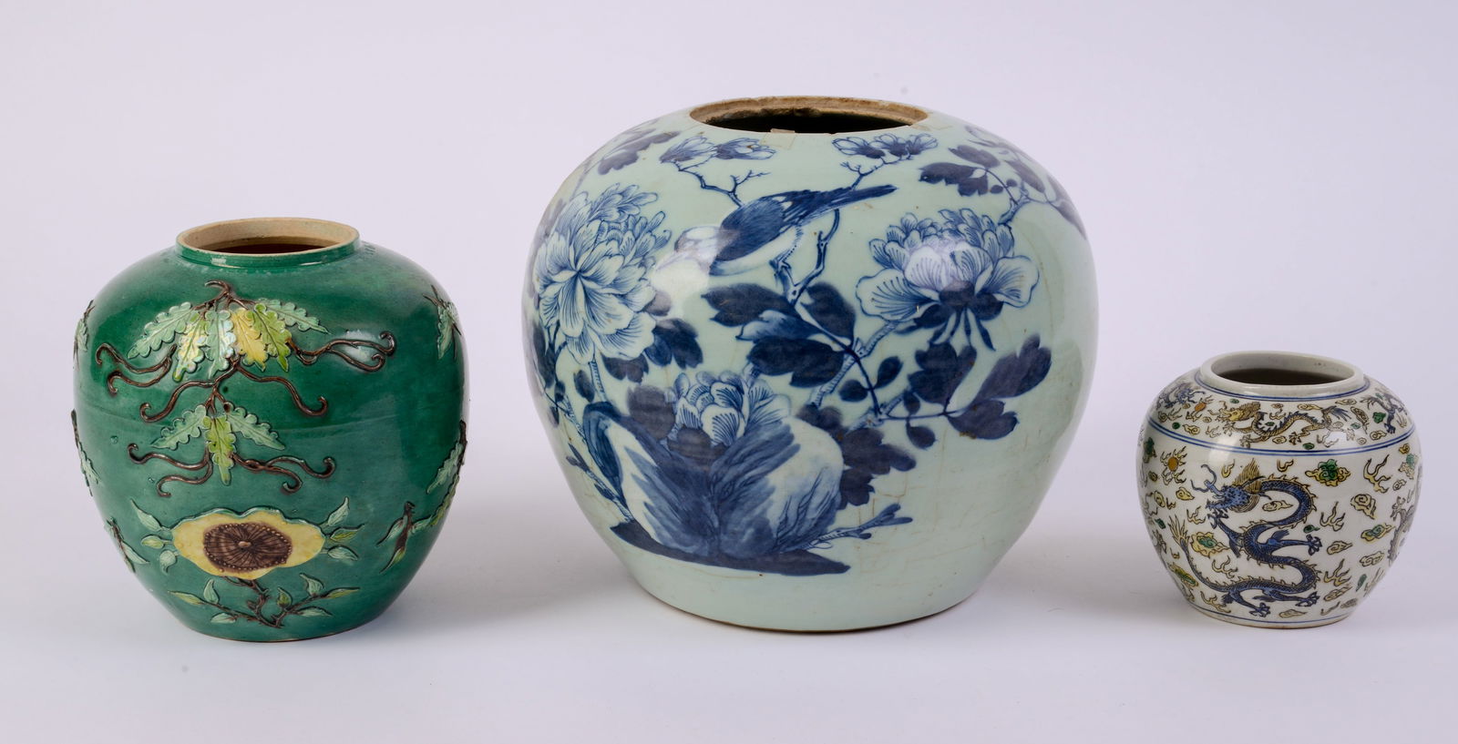 Three Chinese Ginger Jars. Tallest 8 inches.: Missing Lids. Good condition.