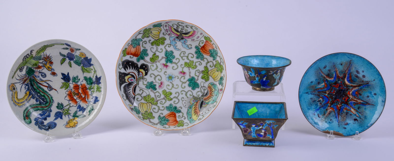 Group of Chinese Table Items.: Including Three Blue Enamelware and Two Polychrome Decorated Dishes. Diameter of largest dish 9 inches. Enamel dish chipped.