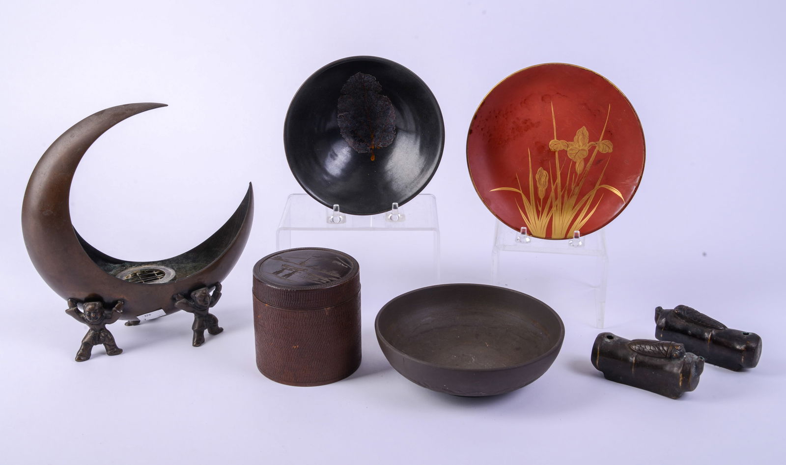 Chinese Metal Table Items.: Including Incense Burner, Two Bowls and Two Knife Rests with Wood Covered Box and Red Resin Plate. Height of incense burner 9 inches. Good condition.